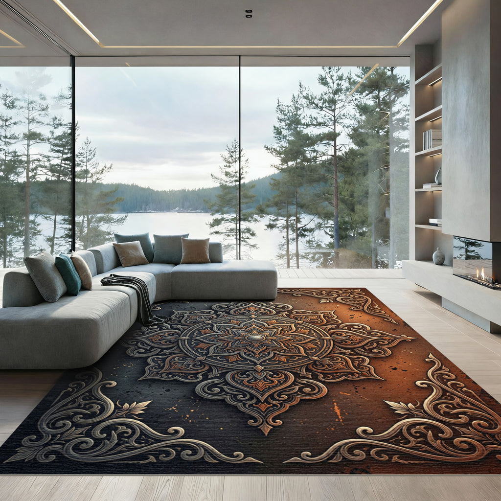Ornate Bronze Silver Filigree Mandala Rug