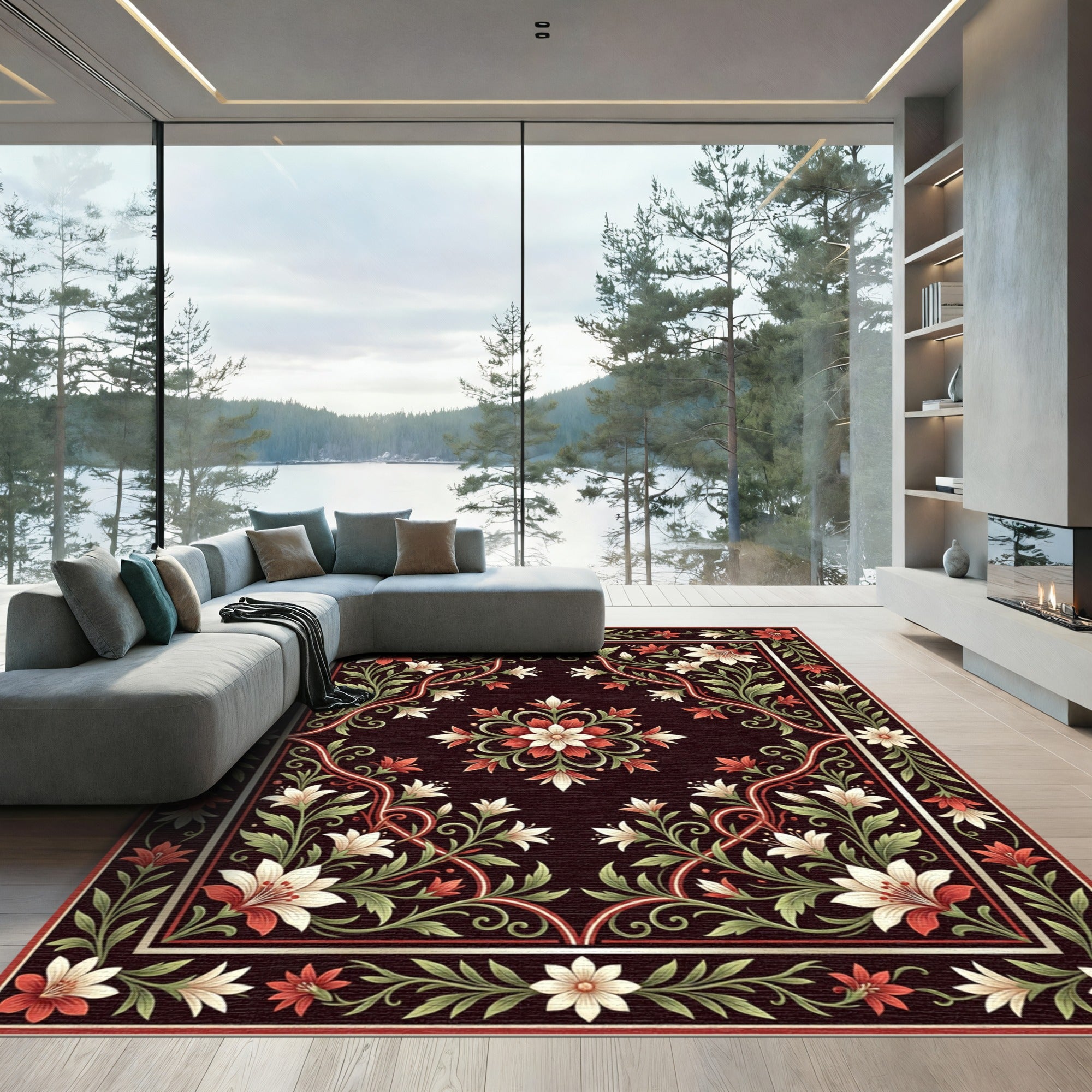Crimson White Floral Vine Medallion Rug