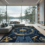 Golden Nautical Compass Wheel Marine Navy Rug