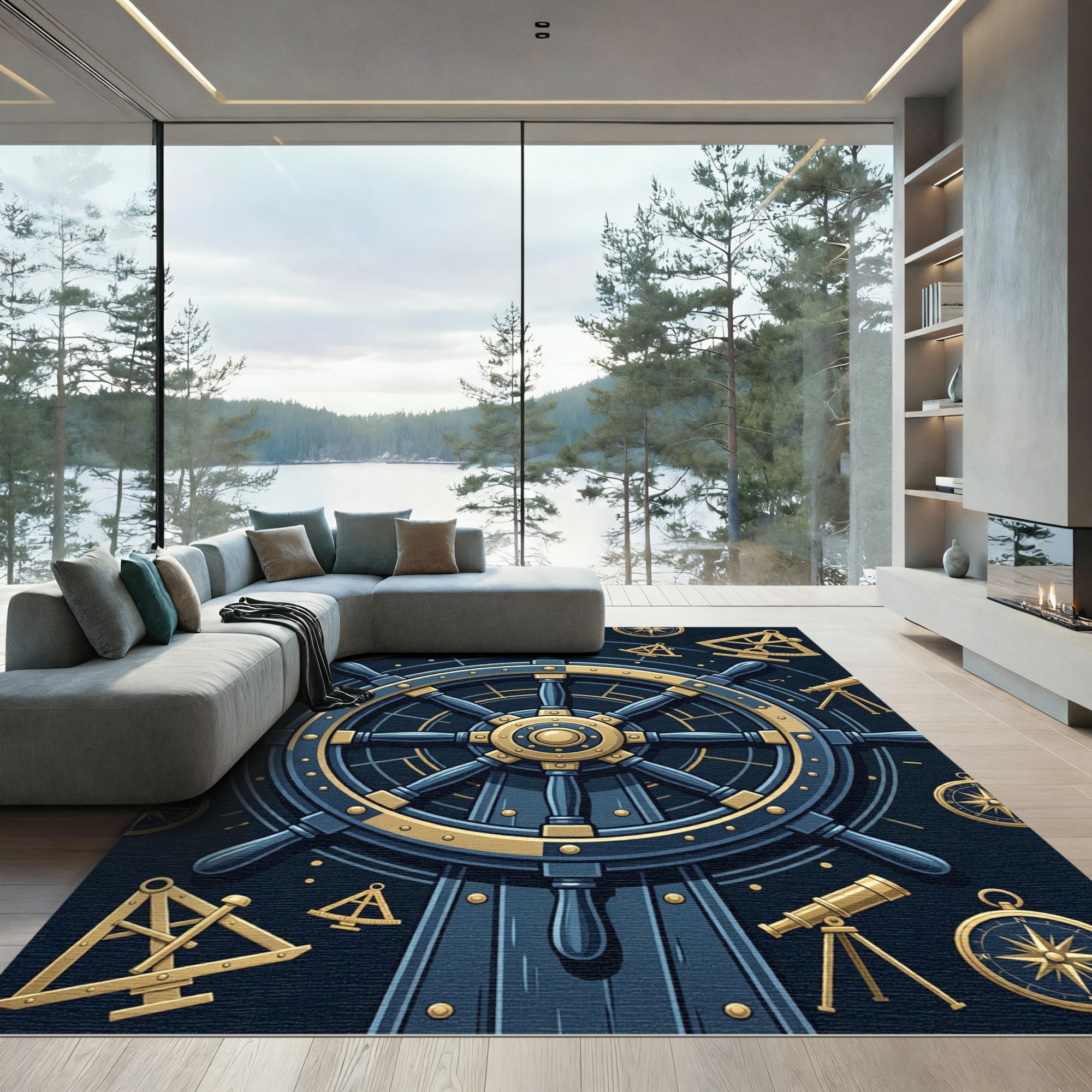 Golden Nautical Compass Wheel Marine Navy Rug