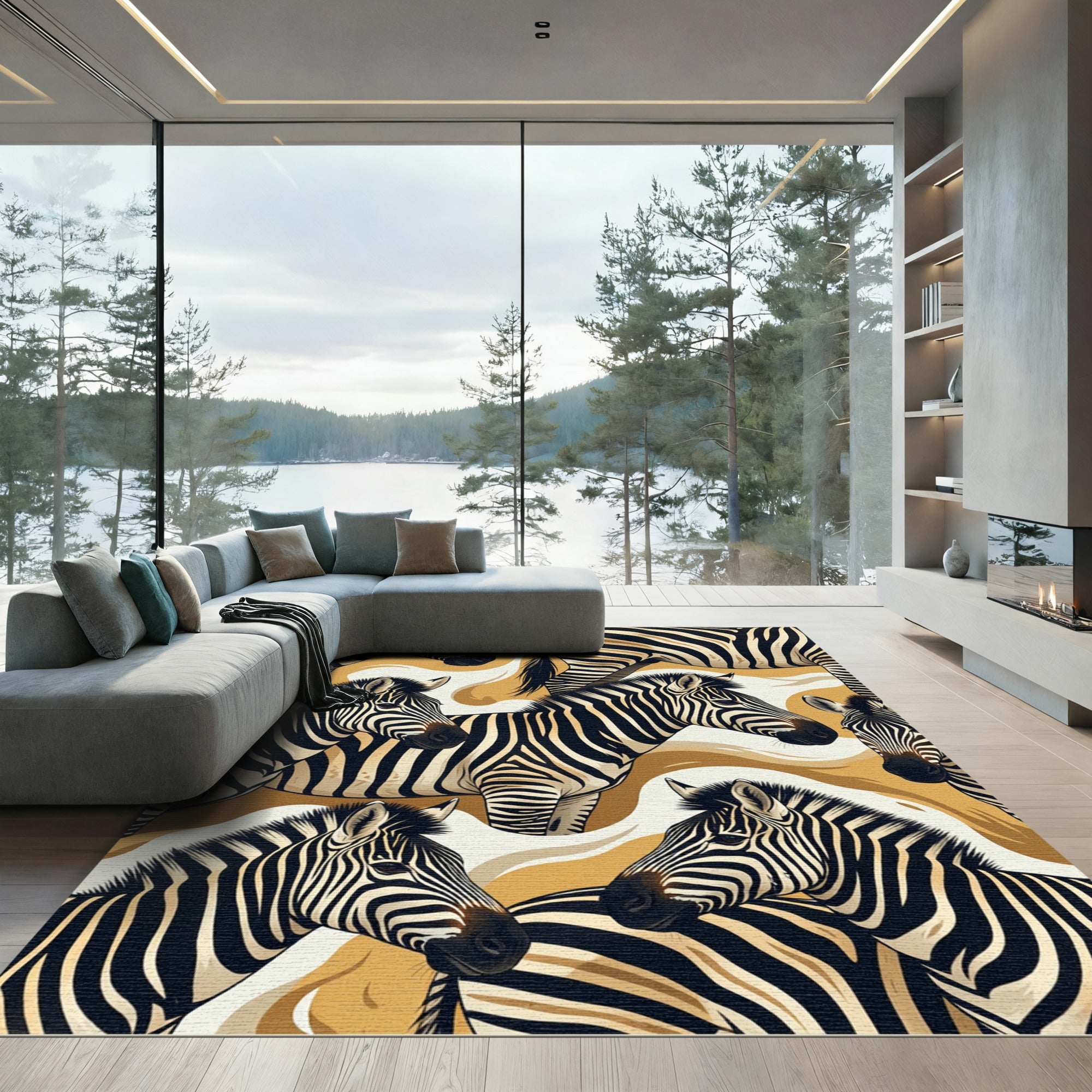 Golden Abstract Zebra Stripe Composition Rug