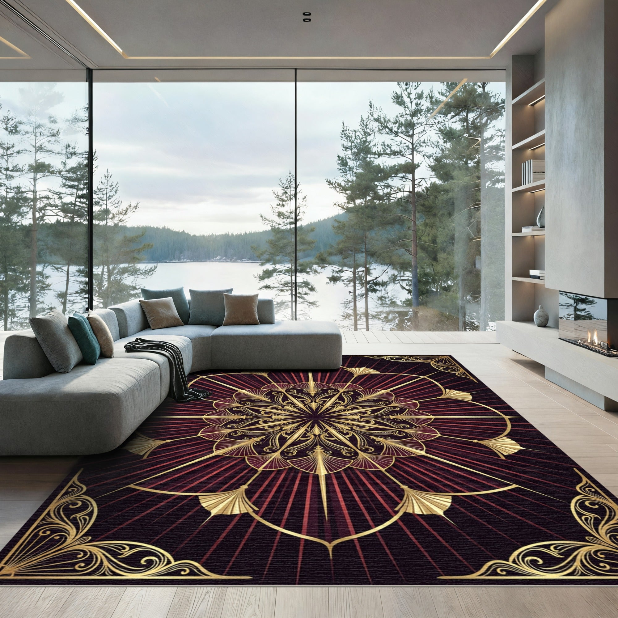Art Deco Crimson Golden Sunburst Medallion Rug