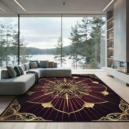 Art Deco Crimson Golden Sunburst Medallion Rug
