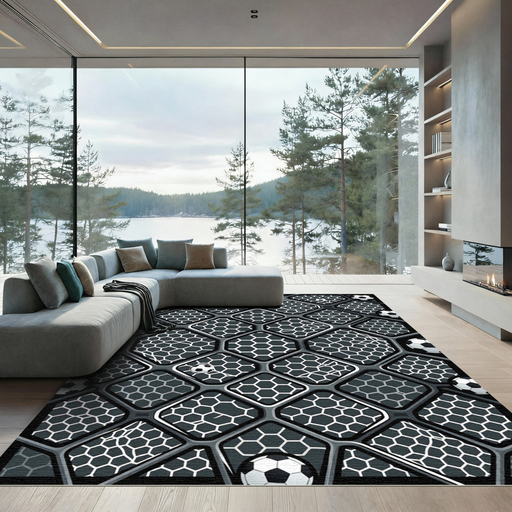 Modern Monochrome Soccer Field Hexagon Geometric Rug