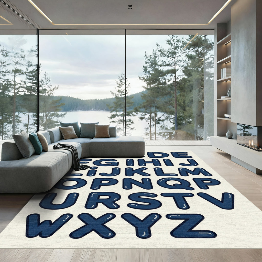 Navy Bubble Alphabet Typography Kids Accent Rug