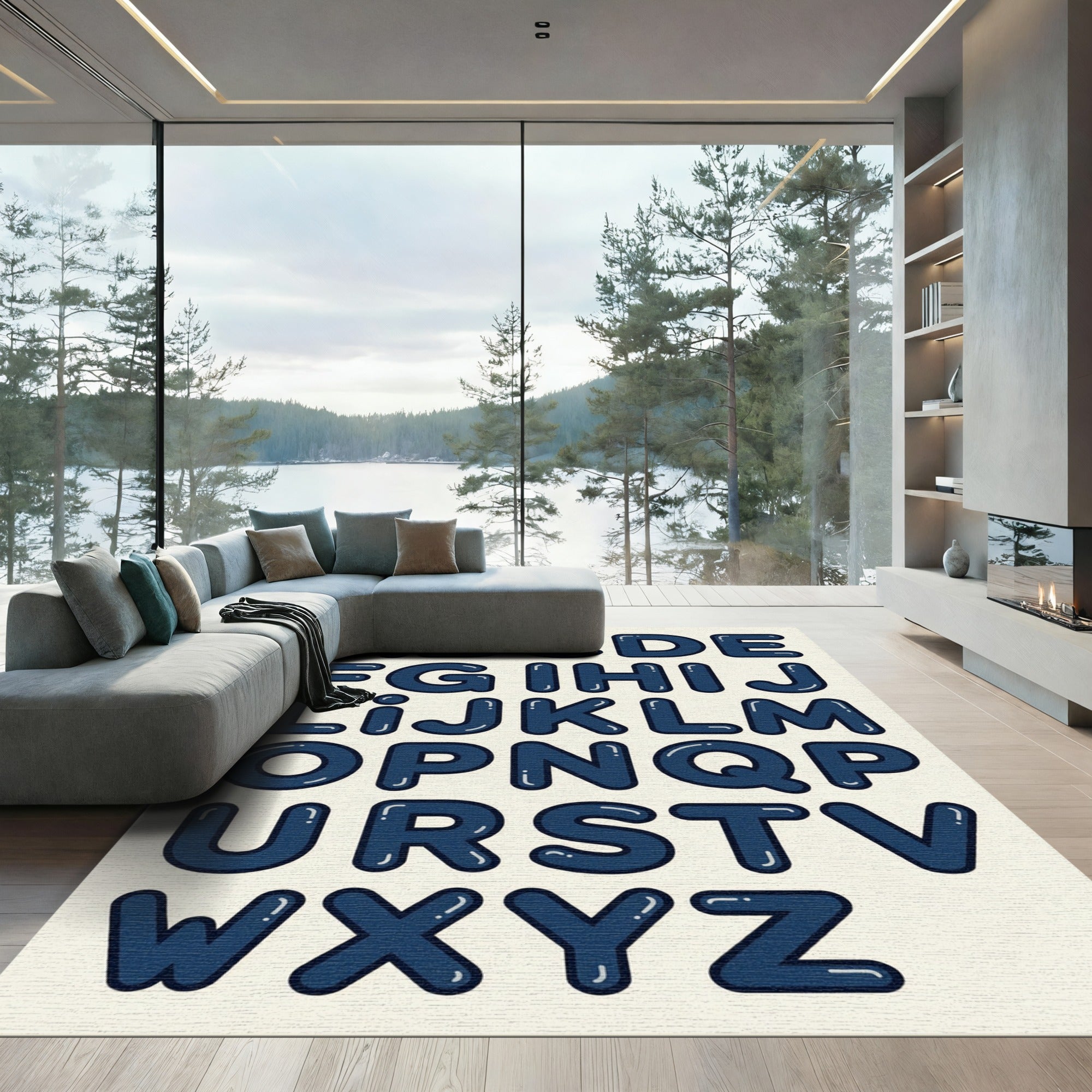 Navy Bubble Alphabet Typography Kids Accent Rug