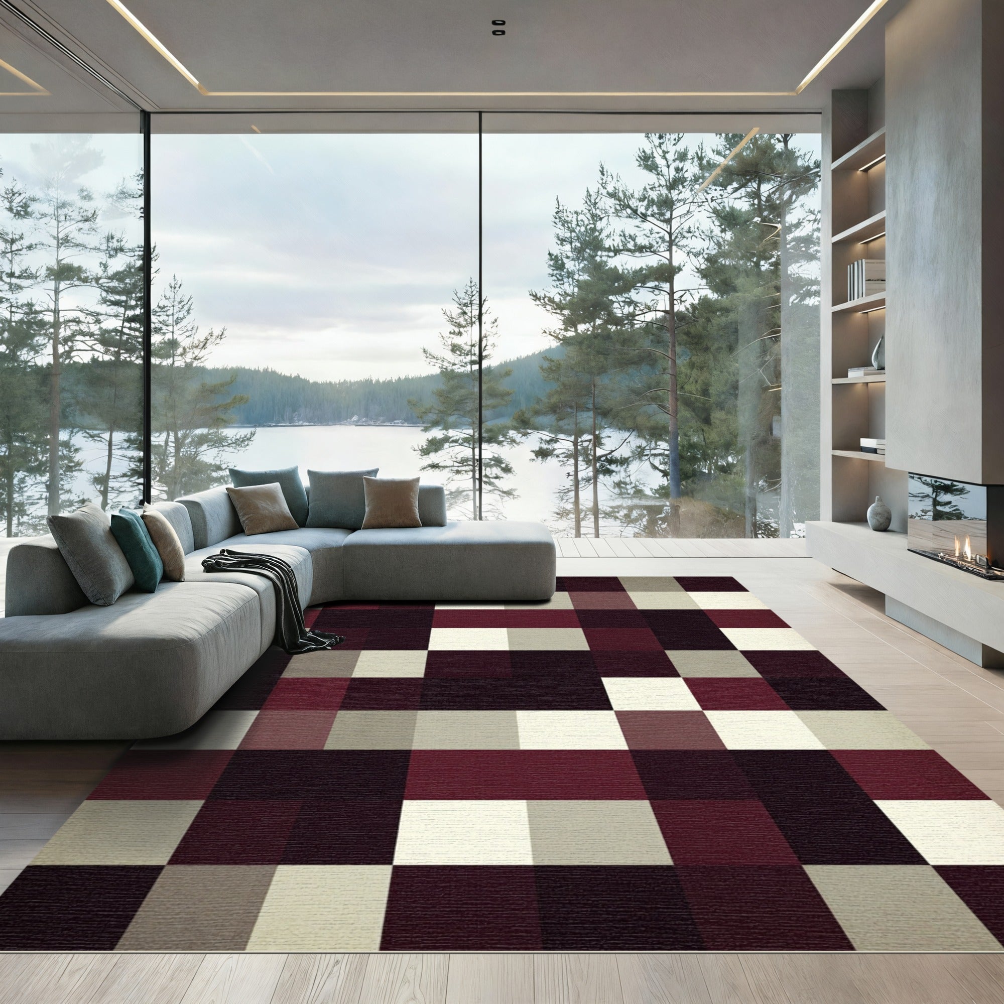 Burgundy Cream Gray Checkered Squares Rug