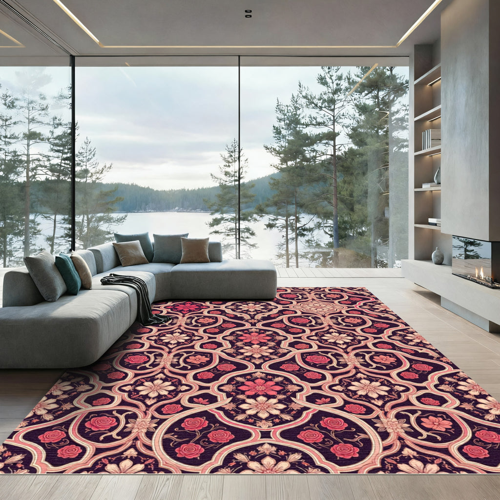 Elegant Rose Floral Damask Burgundy Rug