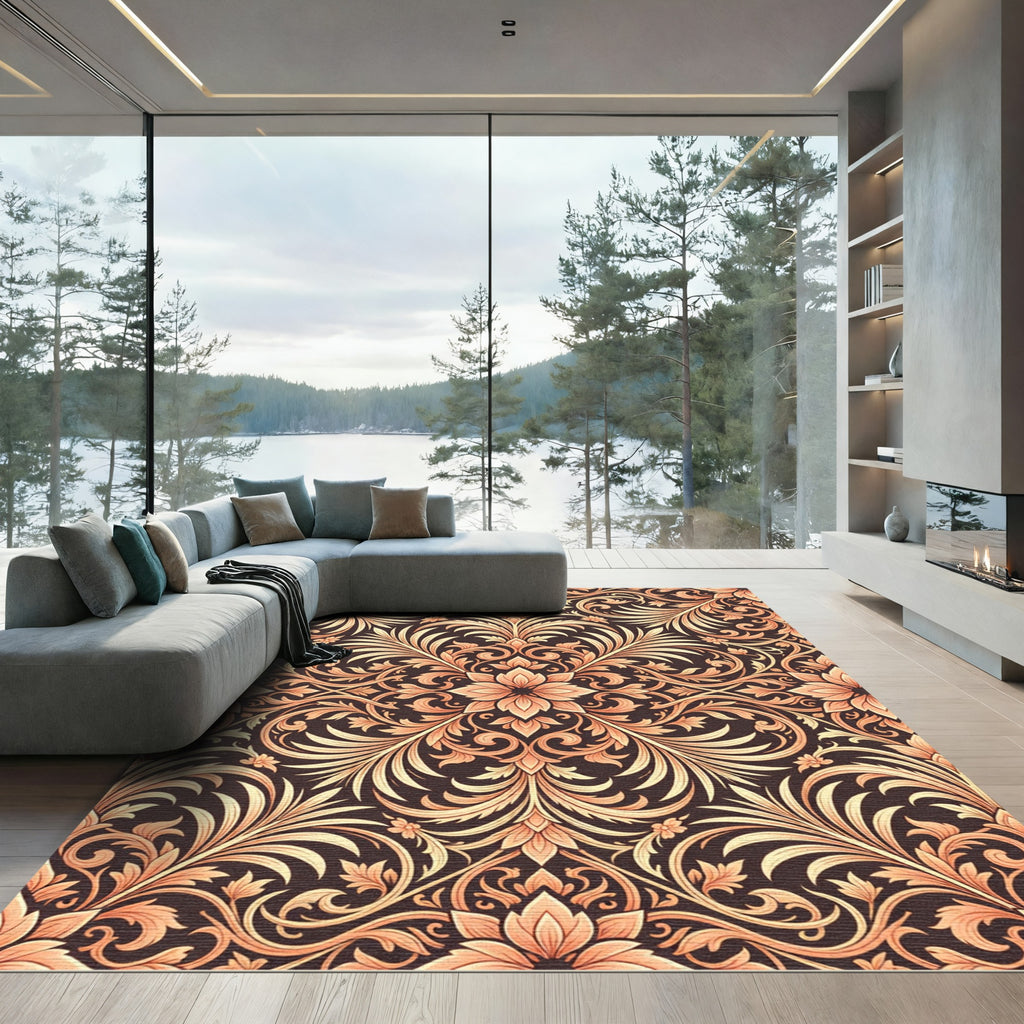 Amber Floral Damask Scrollwork Rug
