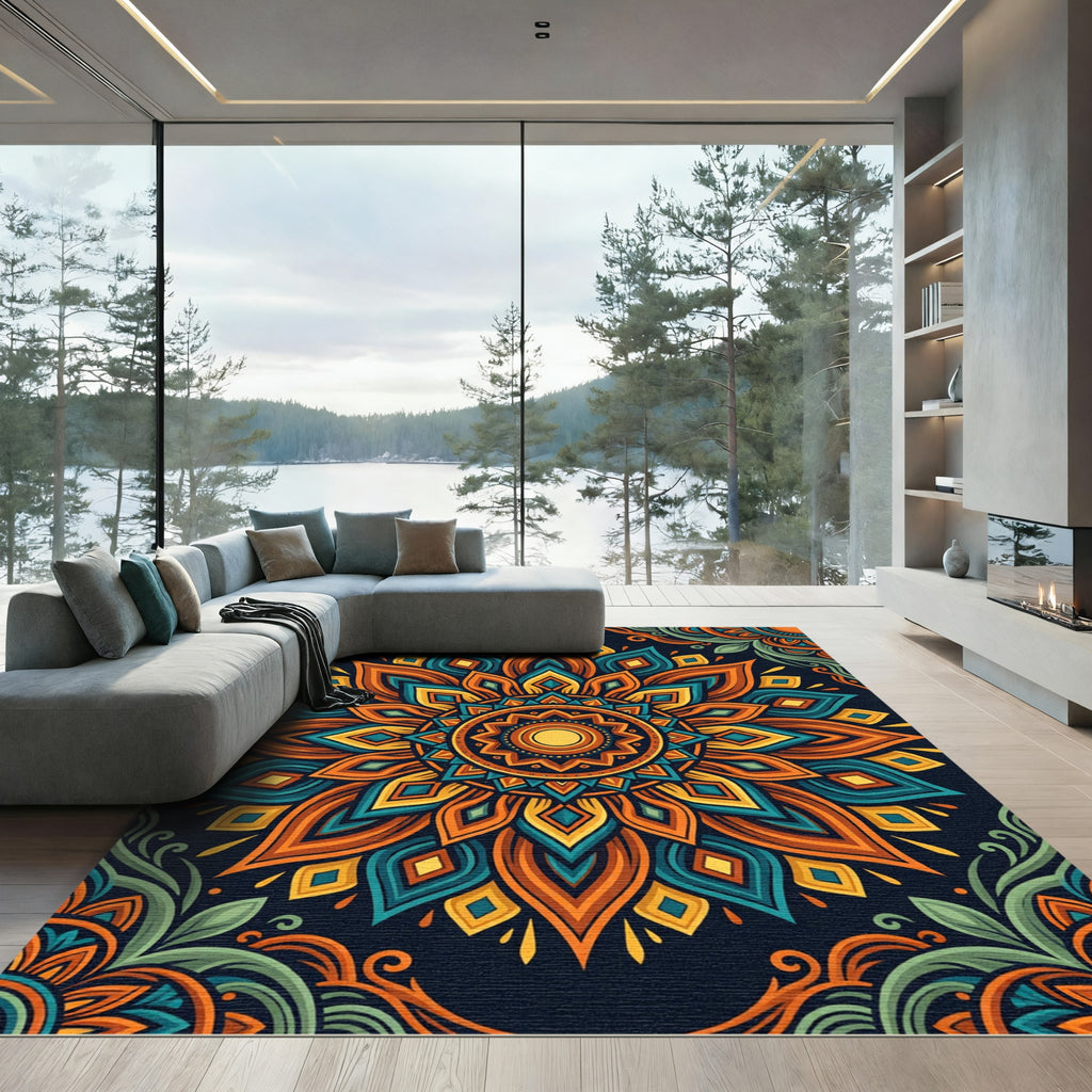 Radiant Orange Teal Floral Mandala Art Rug