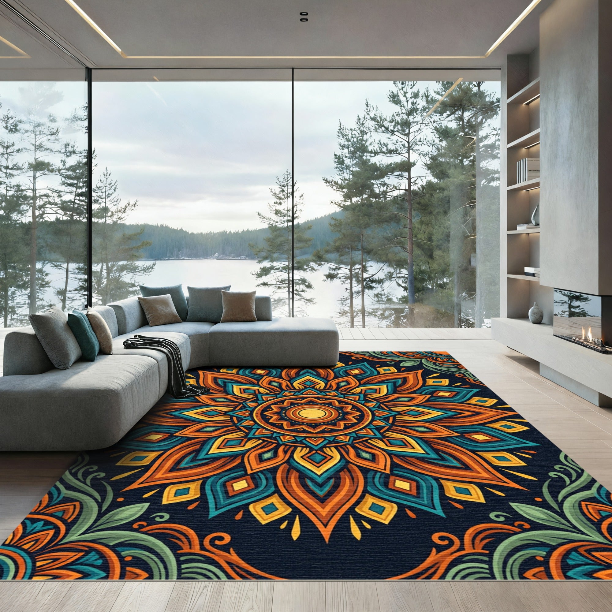 Radiant Orange Teal Floral Mandala Art Rug