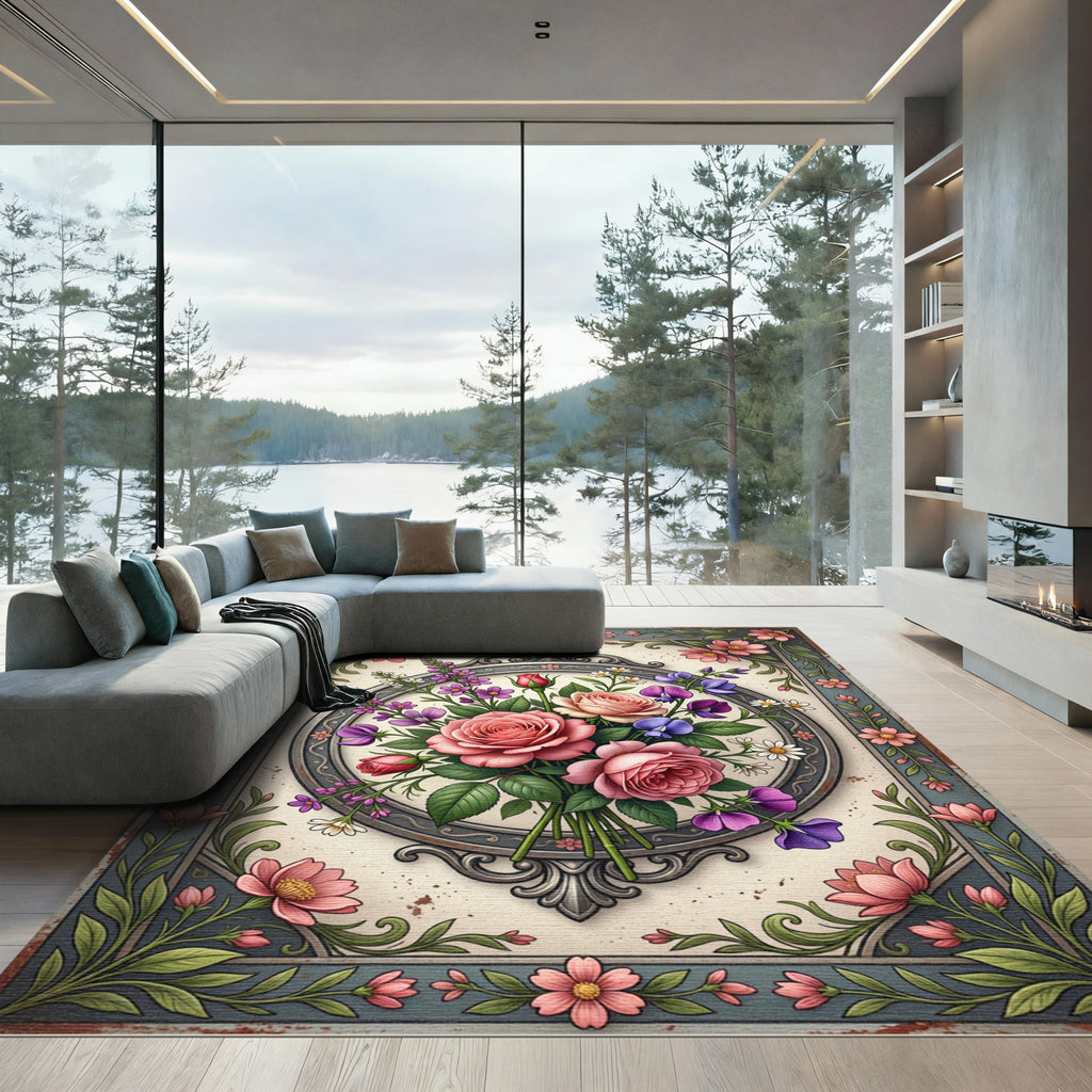 Elegant Pink Rose Botanical Frame Rug