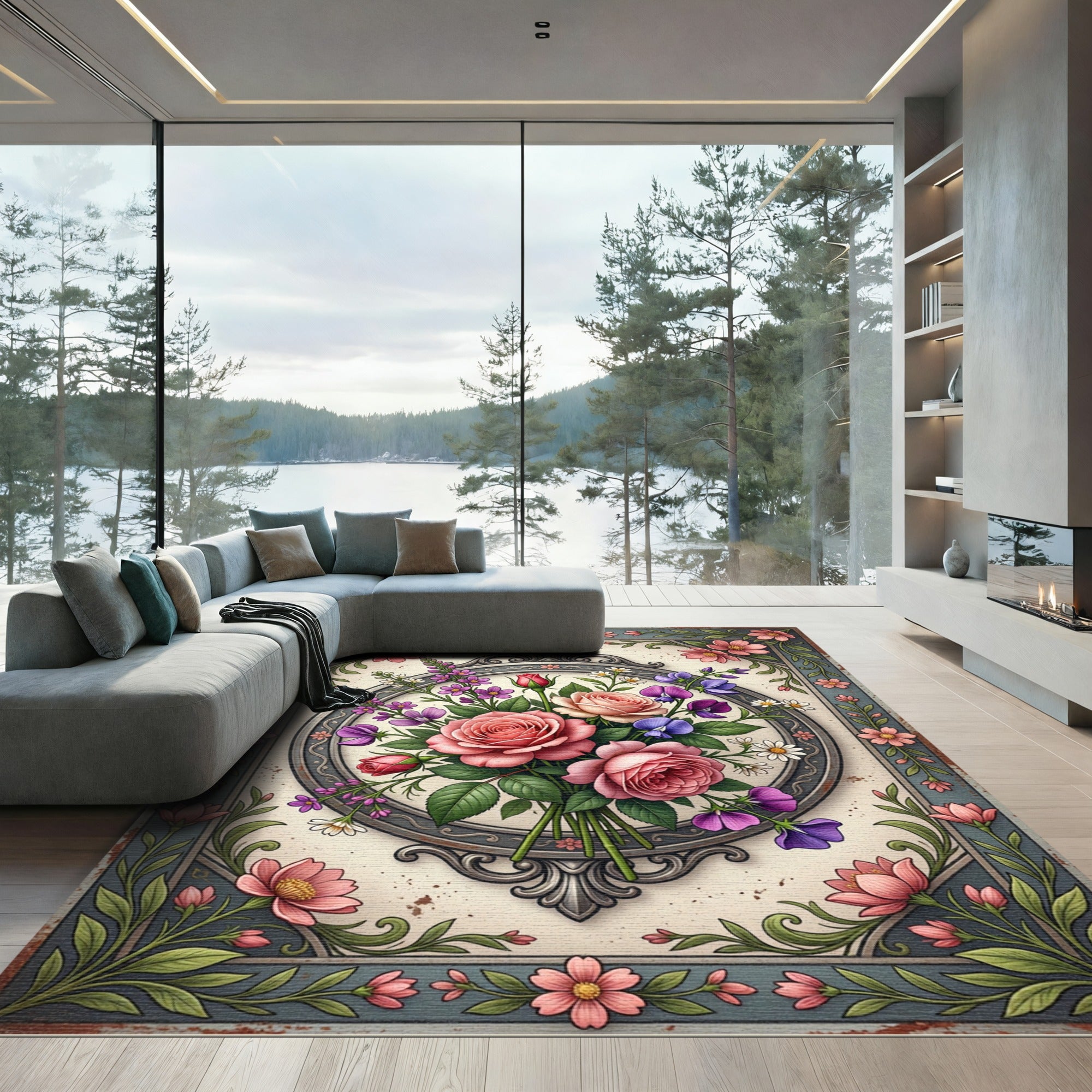 Elegant Pink Rose Botanical Frame Rug