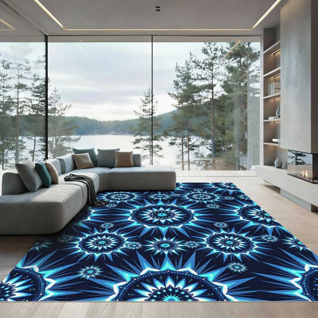 Celestial Blue Geometric Star Burst Rug