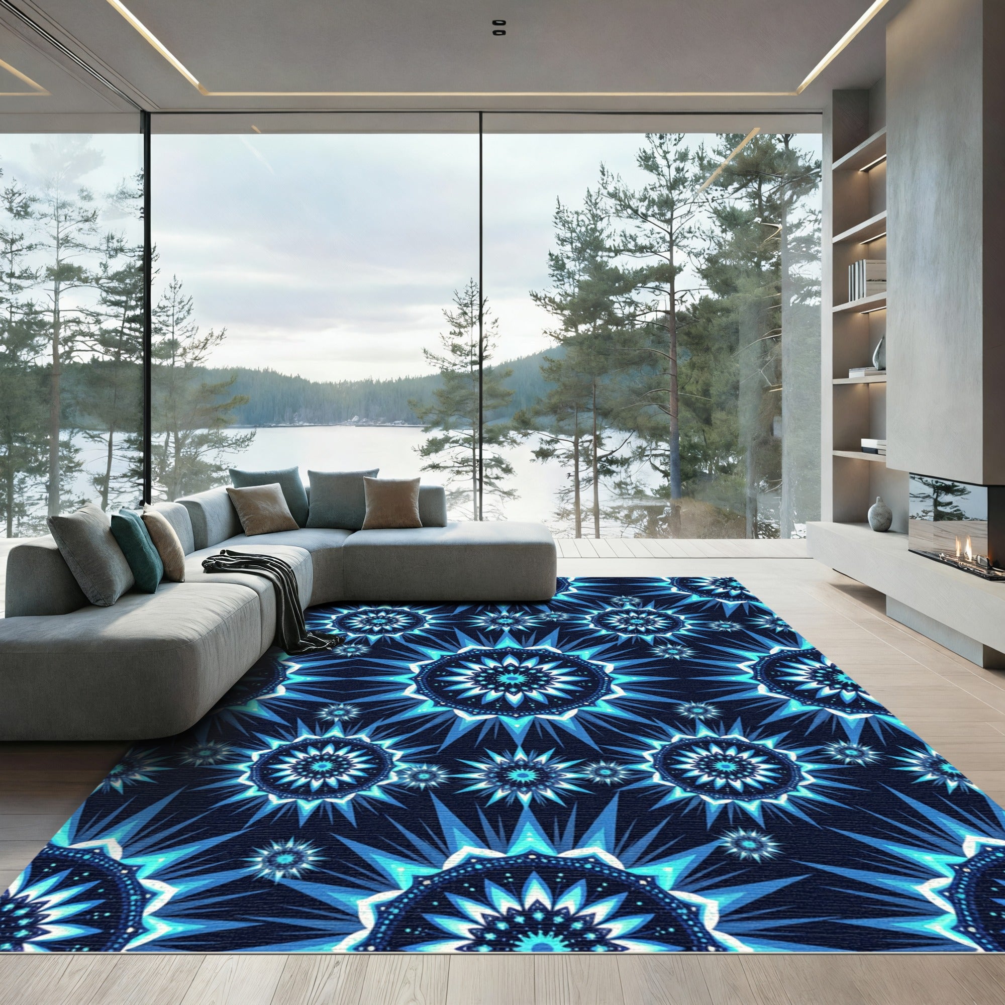 Celestial Blue Geometric Star Burst Rug