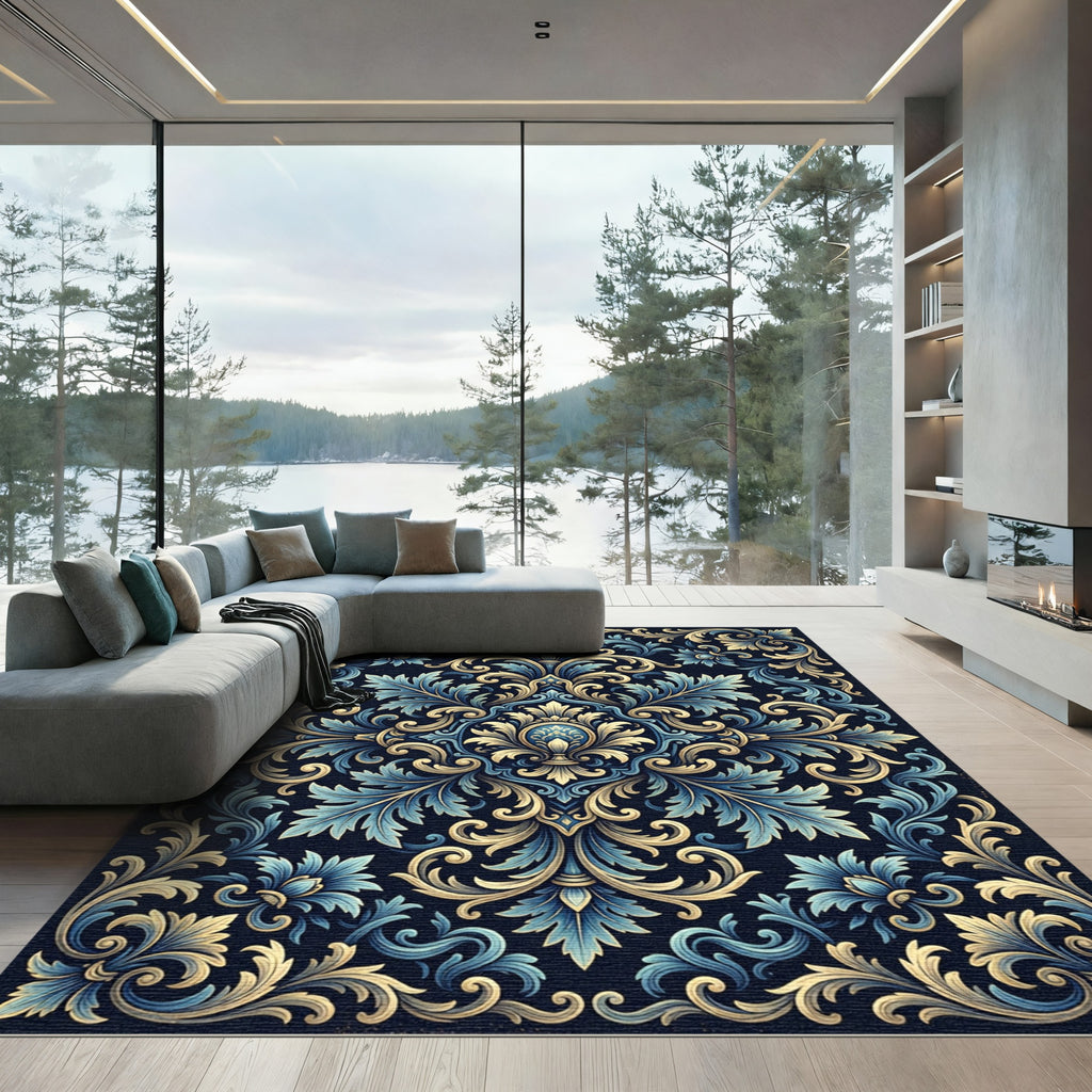 Elegant Blue and Gold Ornate Damask Rug