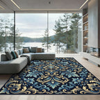 Elegant Blue and Gold Ornate Damask Rug