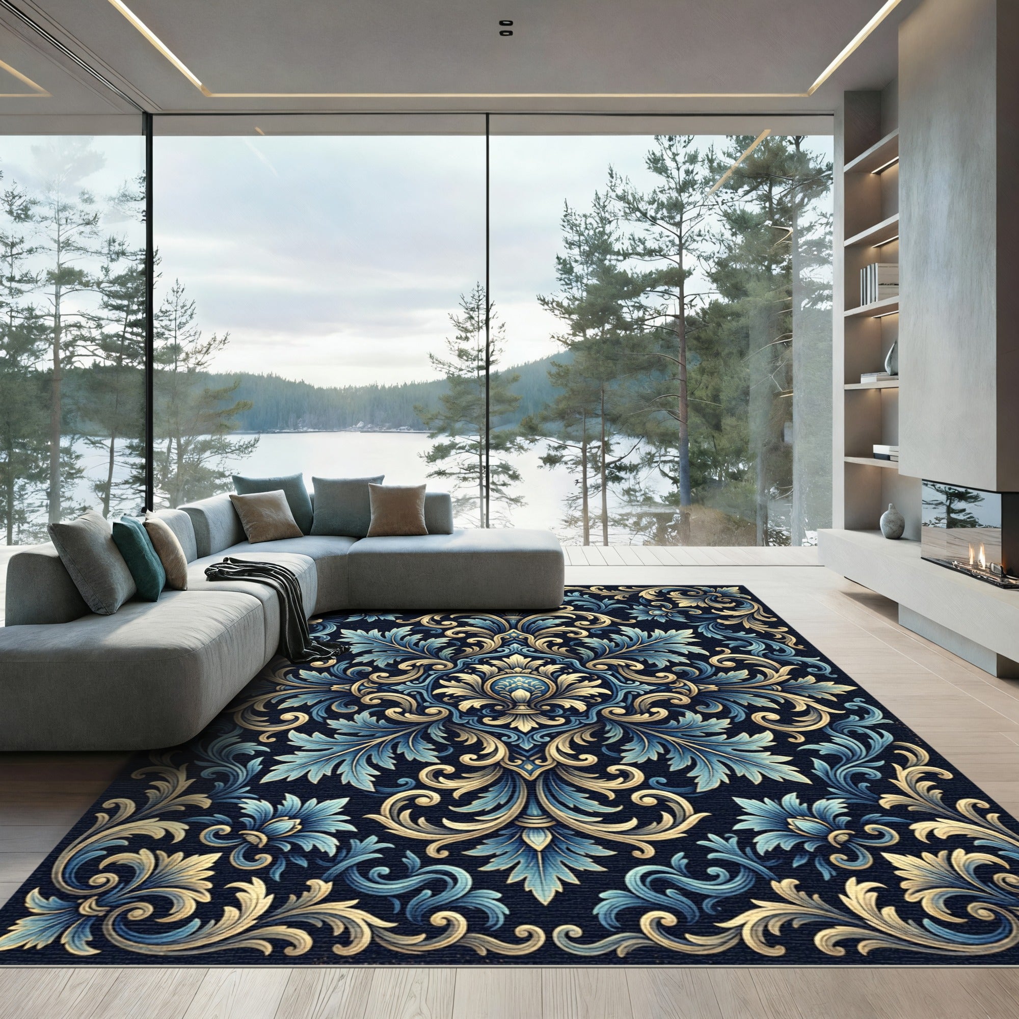 Elegant Blue and Gold Ornate Damask Rug