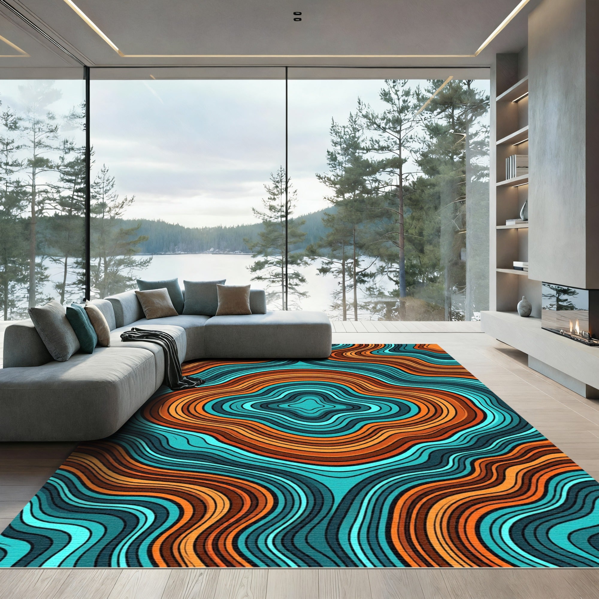 Vibrant Teal and Terracotta Abstract Wave Rug