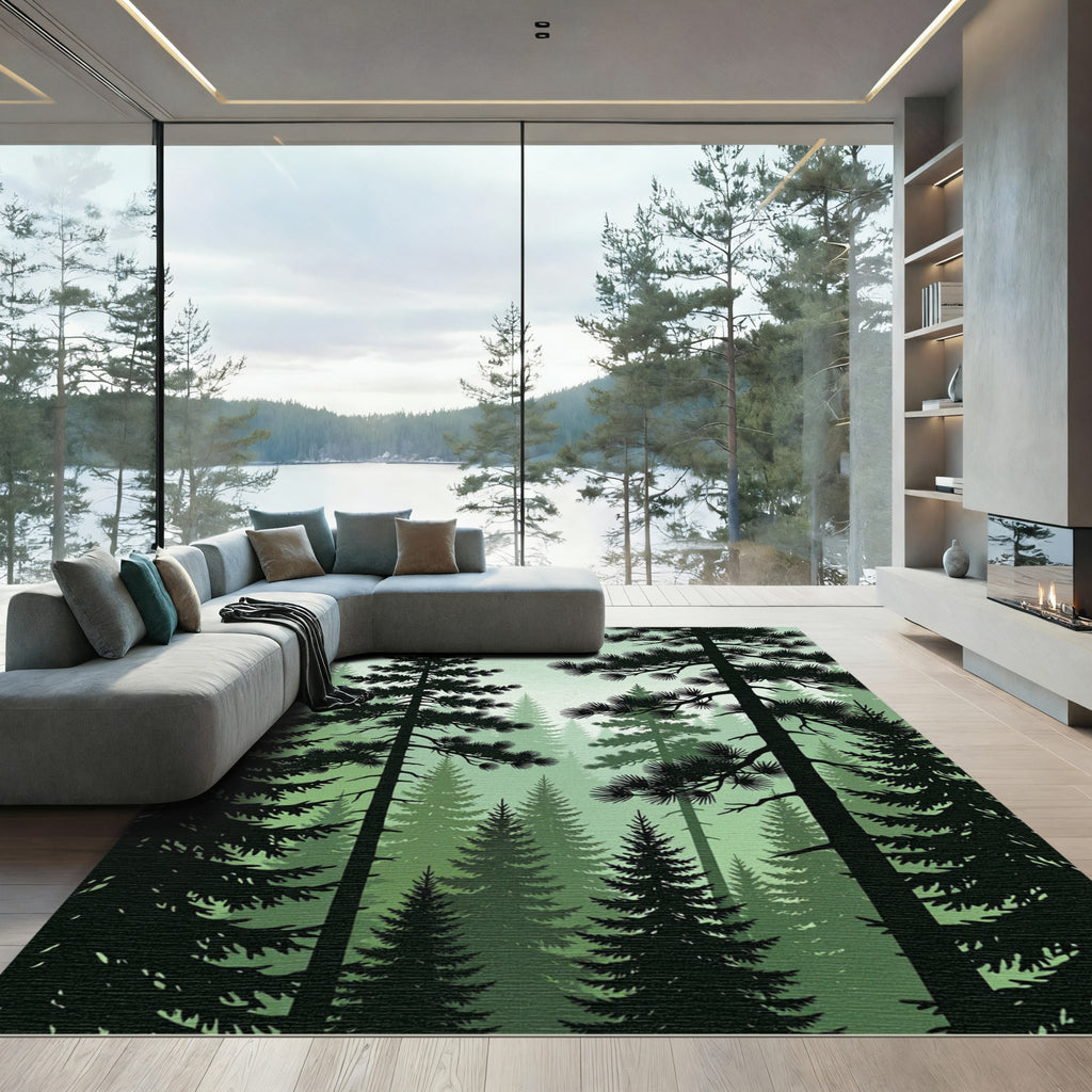 Misty Evergreen Forest Silhouette Woods Rug