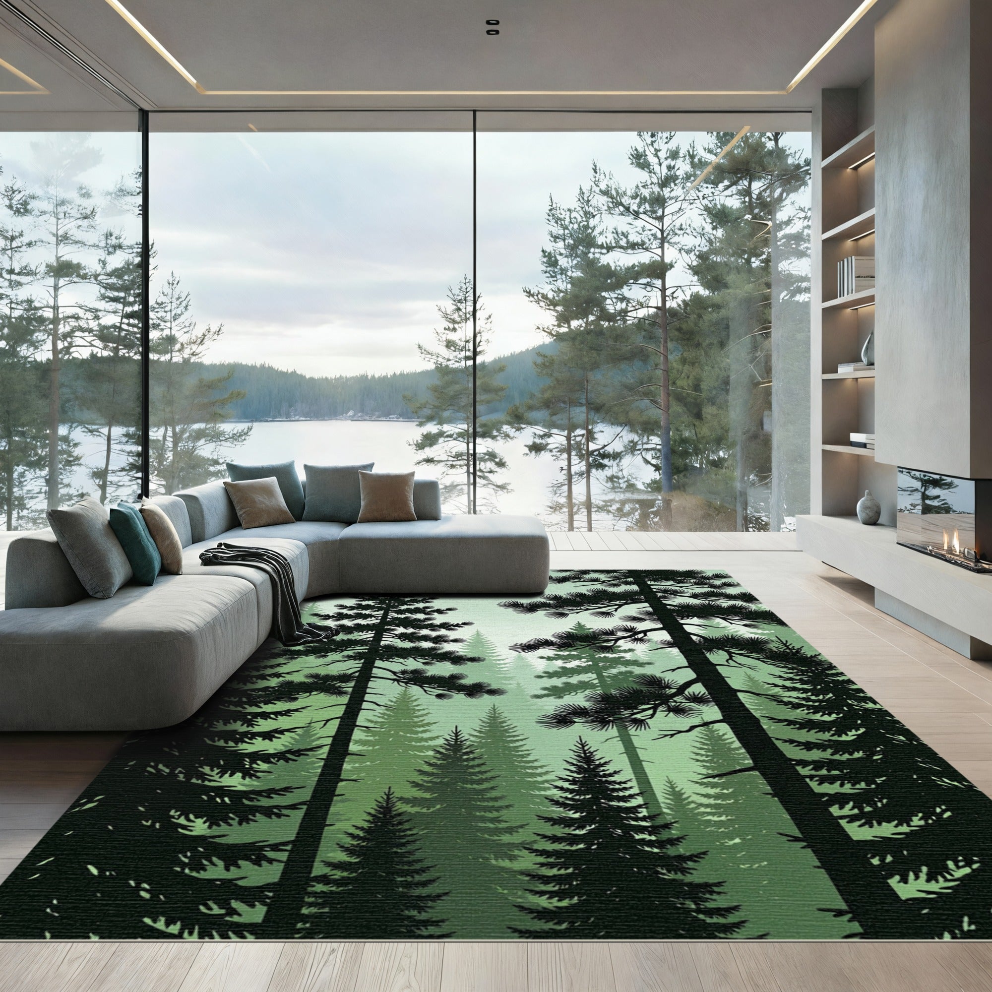 Misty Evergreen Forest Silhouette Woods Rug