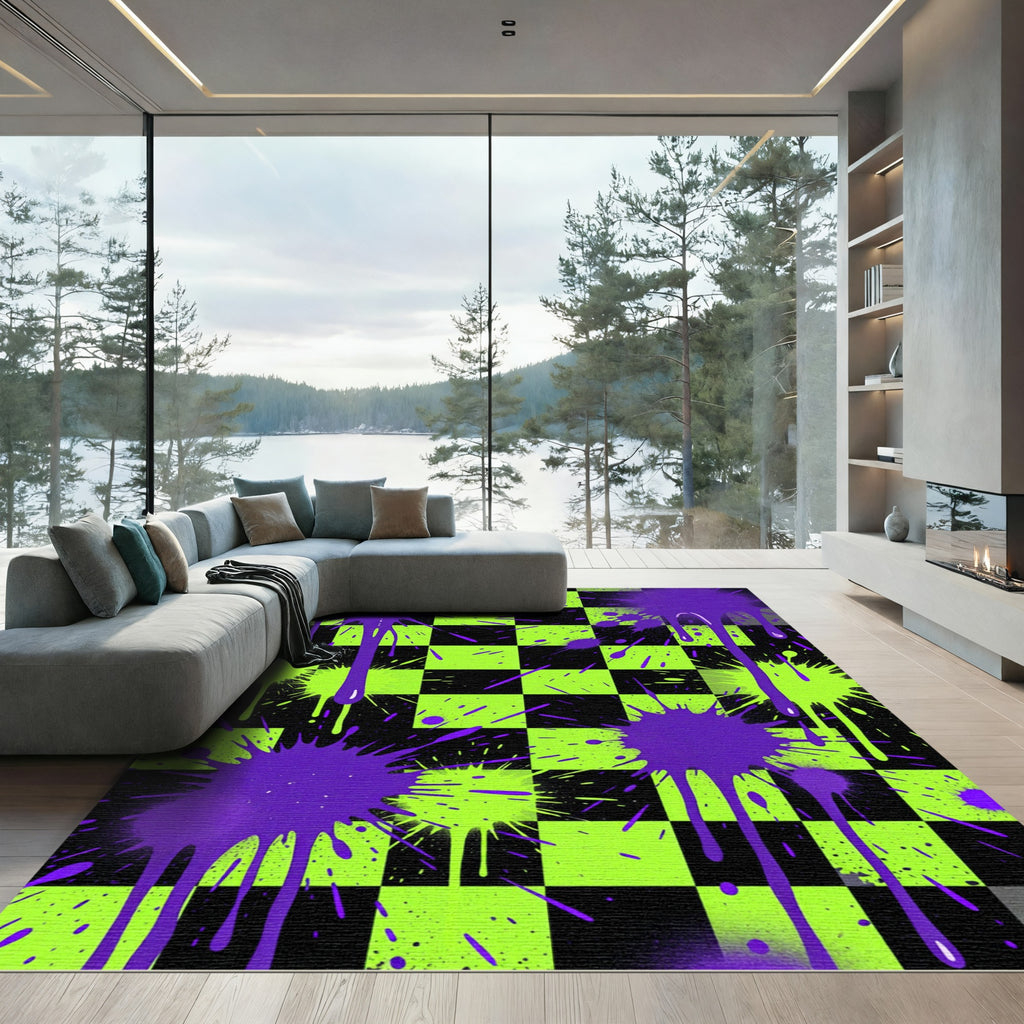 Electric Neon Splatter Checkerboard Art Rug