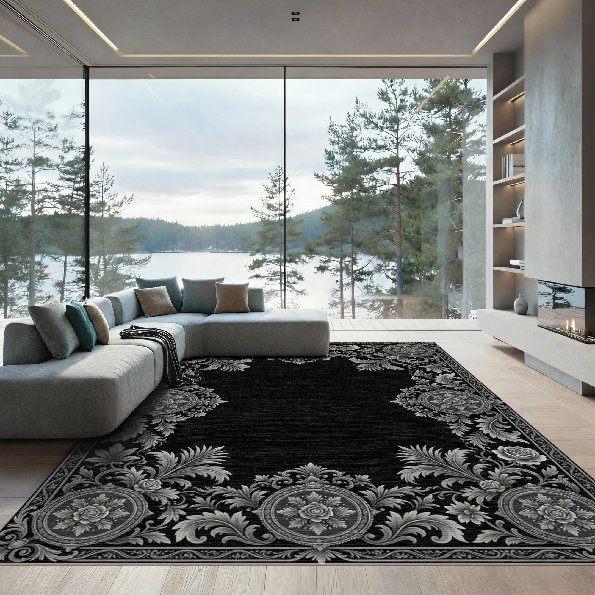 Ornate Silver Floral Medallion Border Rug