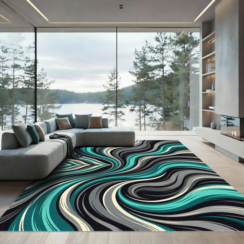 Dynamic Teal Swirl Abstract Rug