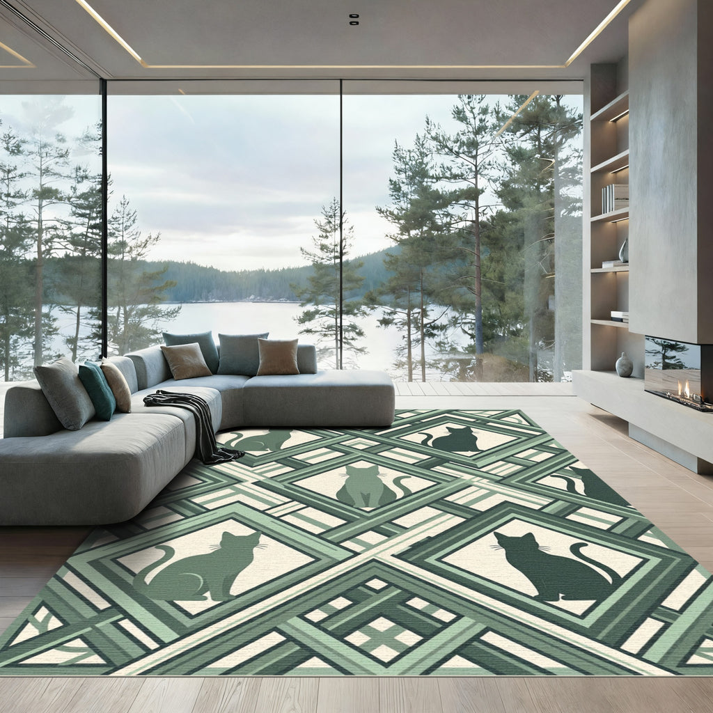 Sage Green Geometric Feline Lattice Rug