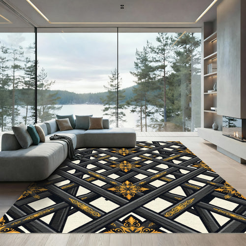 Black Gold Lattice Floral Medallion Rug