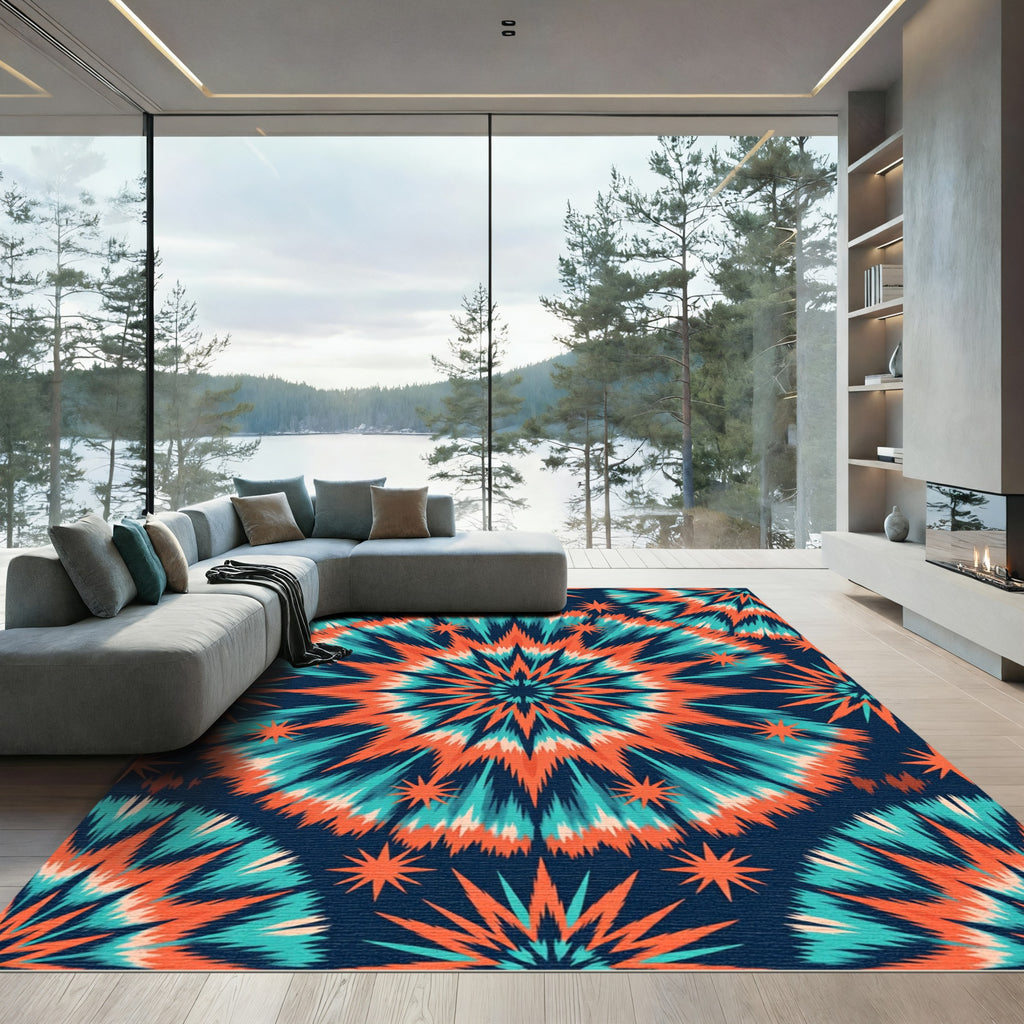 Vibrant Teal Orange Burst Mandala Rug