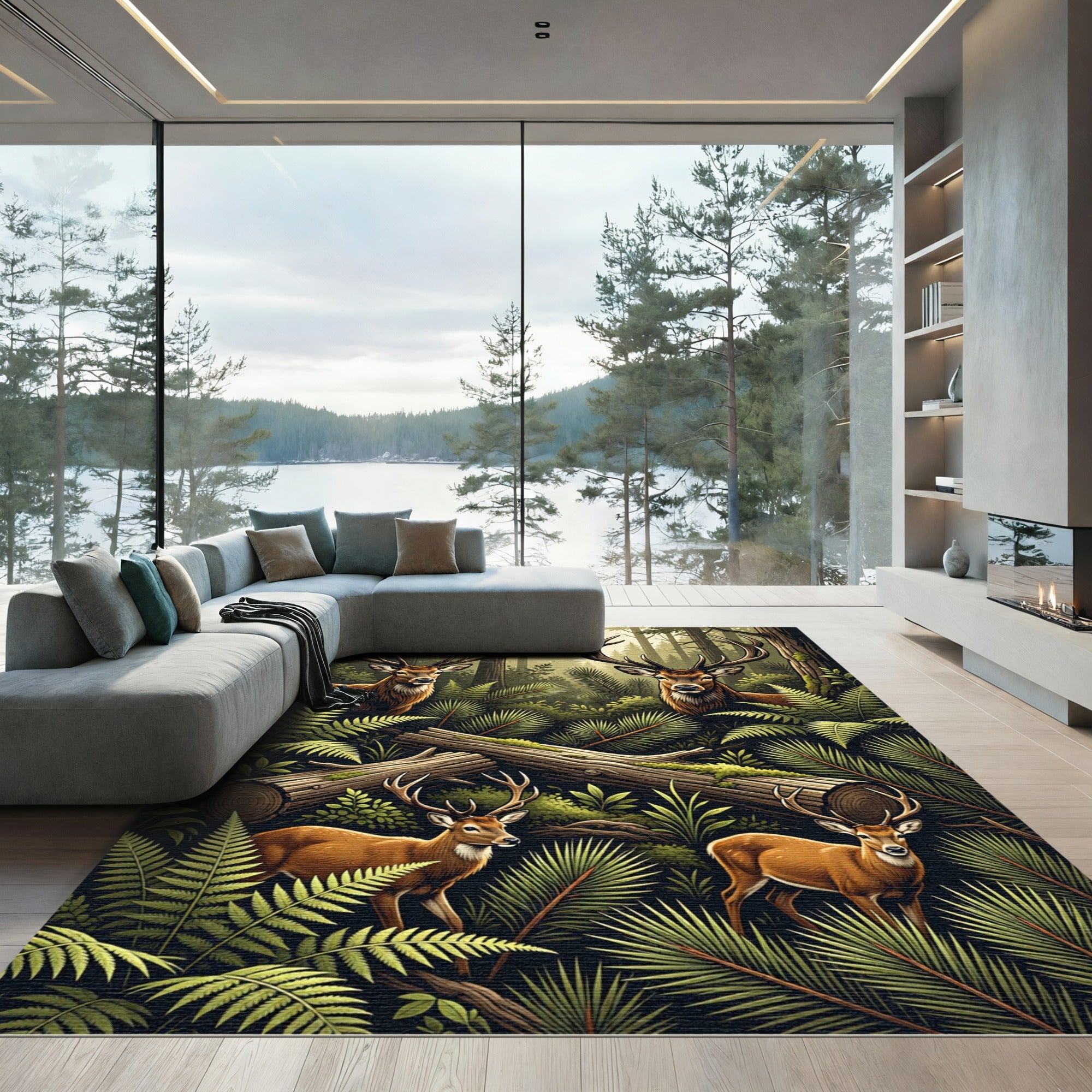 Majestic Wildlife Stag Forest Fern Area Rug