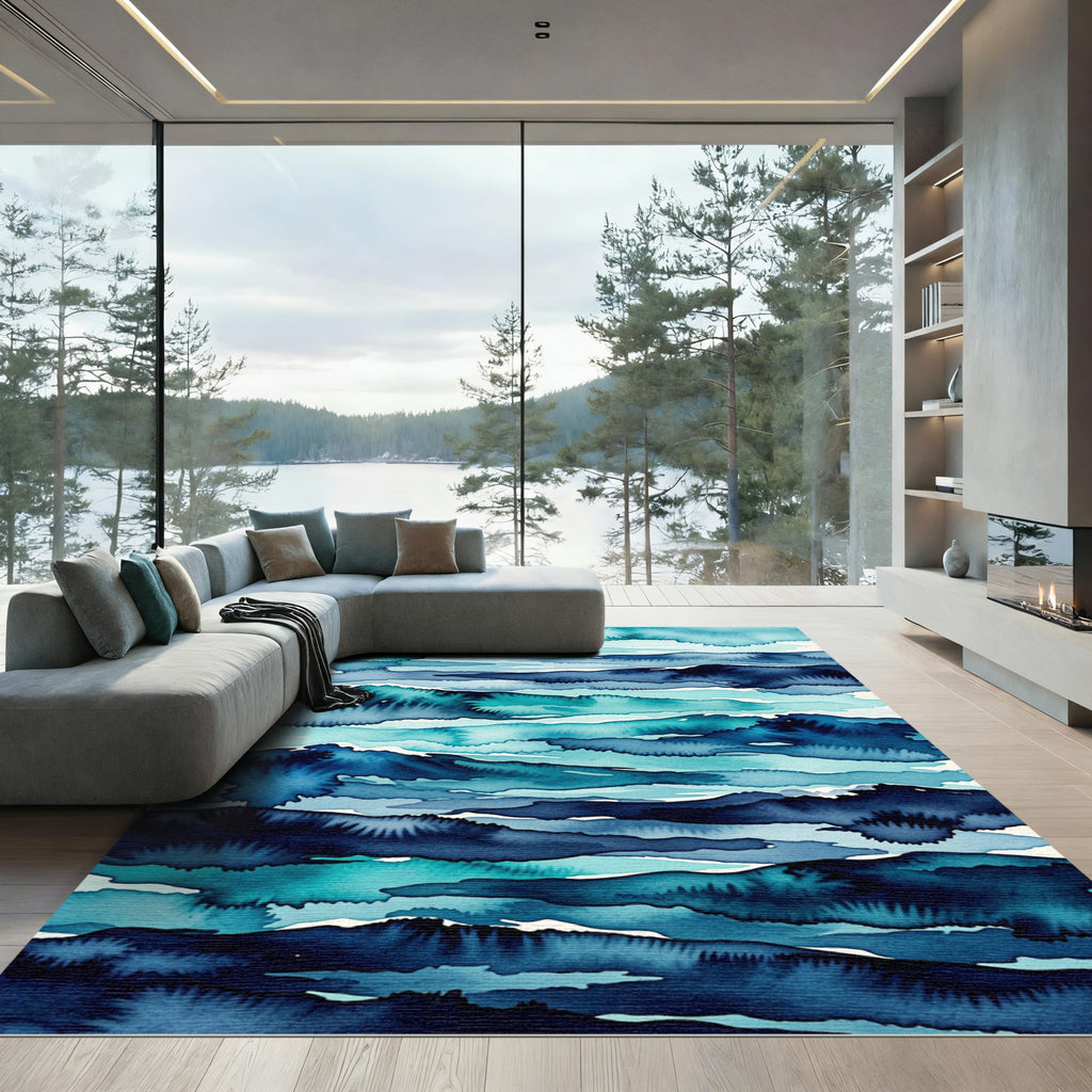 Abstract Teal and Indigo Watercolor Waves Rug