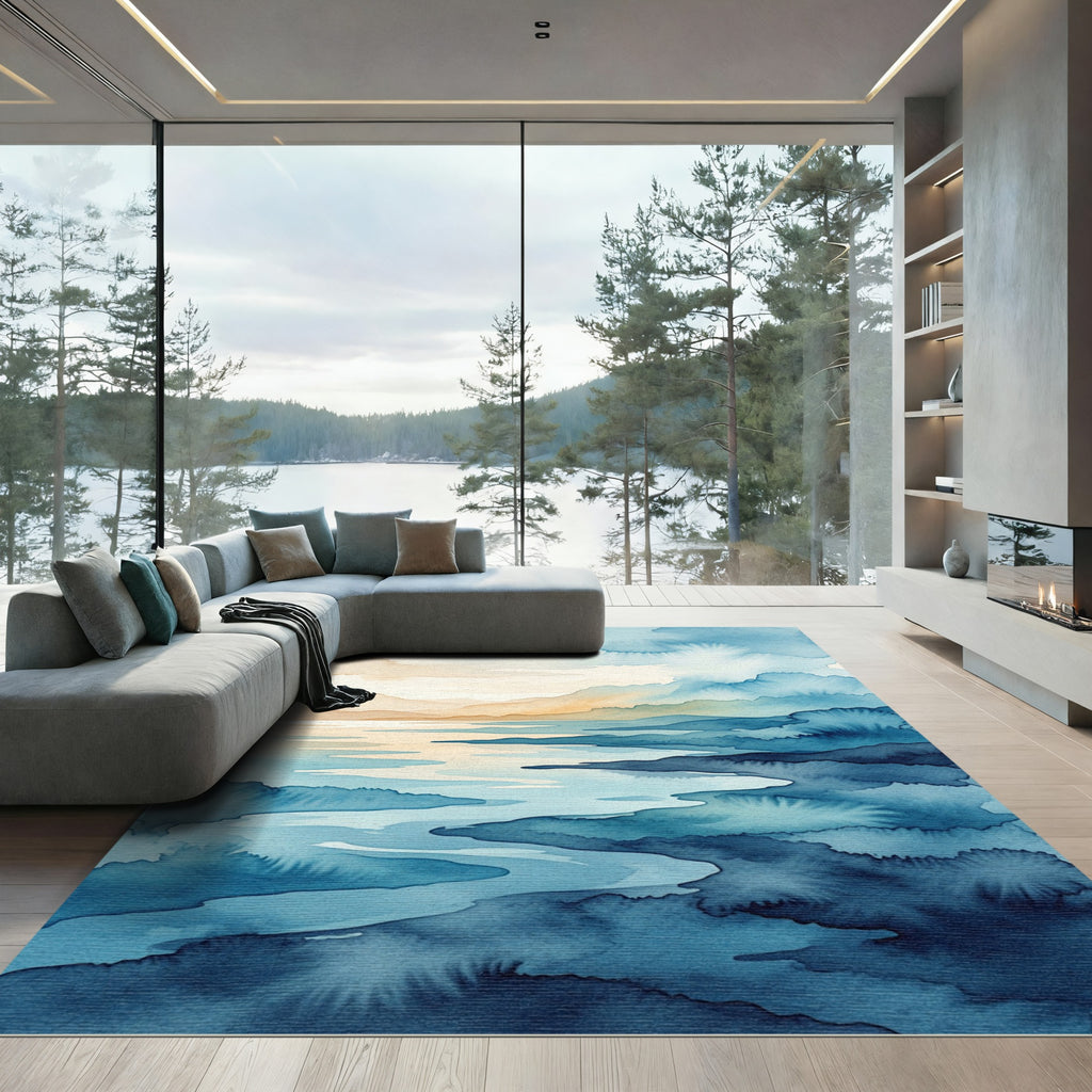 Serene Blue Watercolor Coastal Horizon Rug