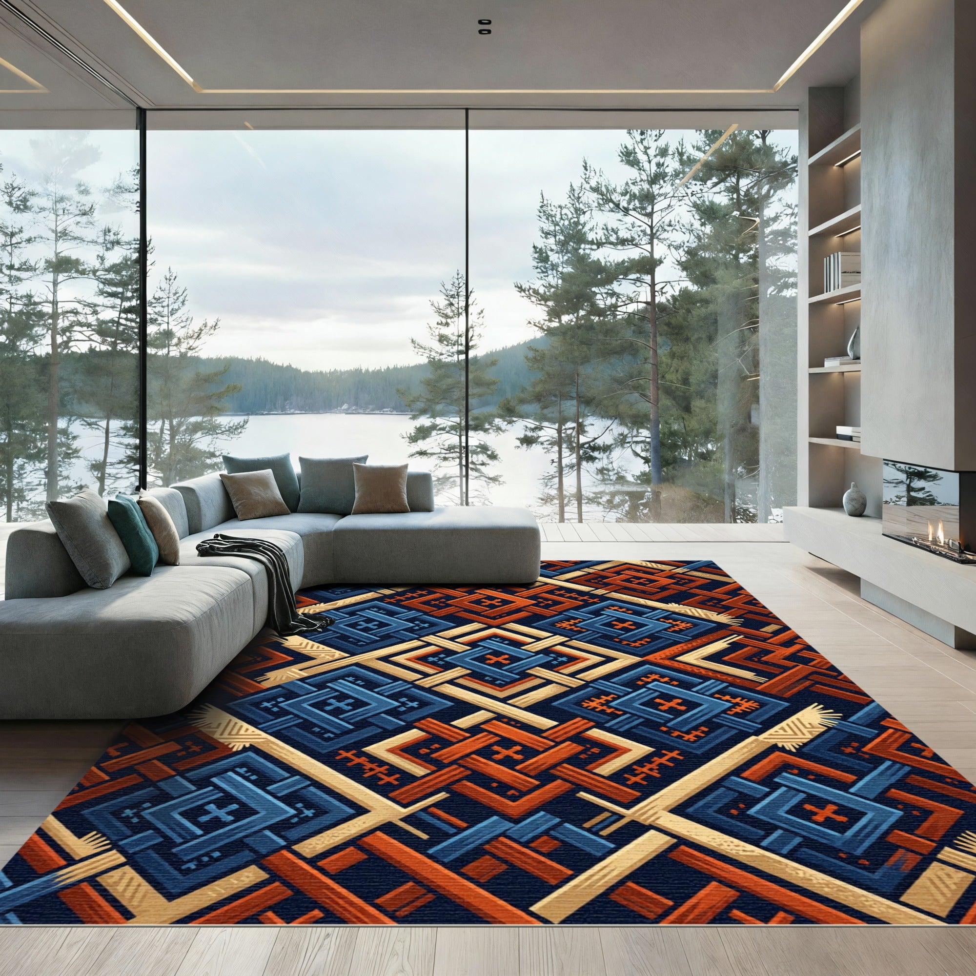 Geometric Indigo and Burnt Orange Weave Rug