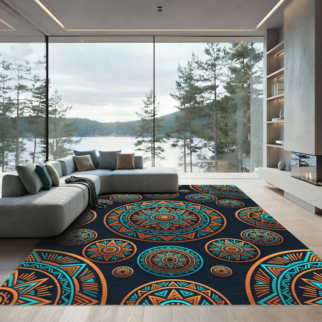 Orange Teal Medallion Mandala Arrangement Rug