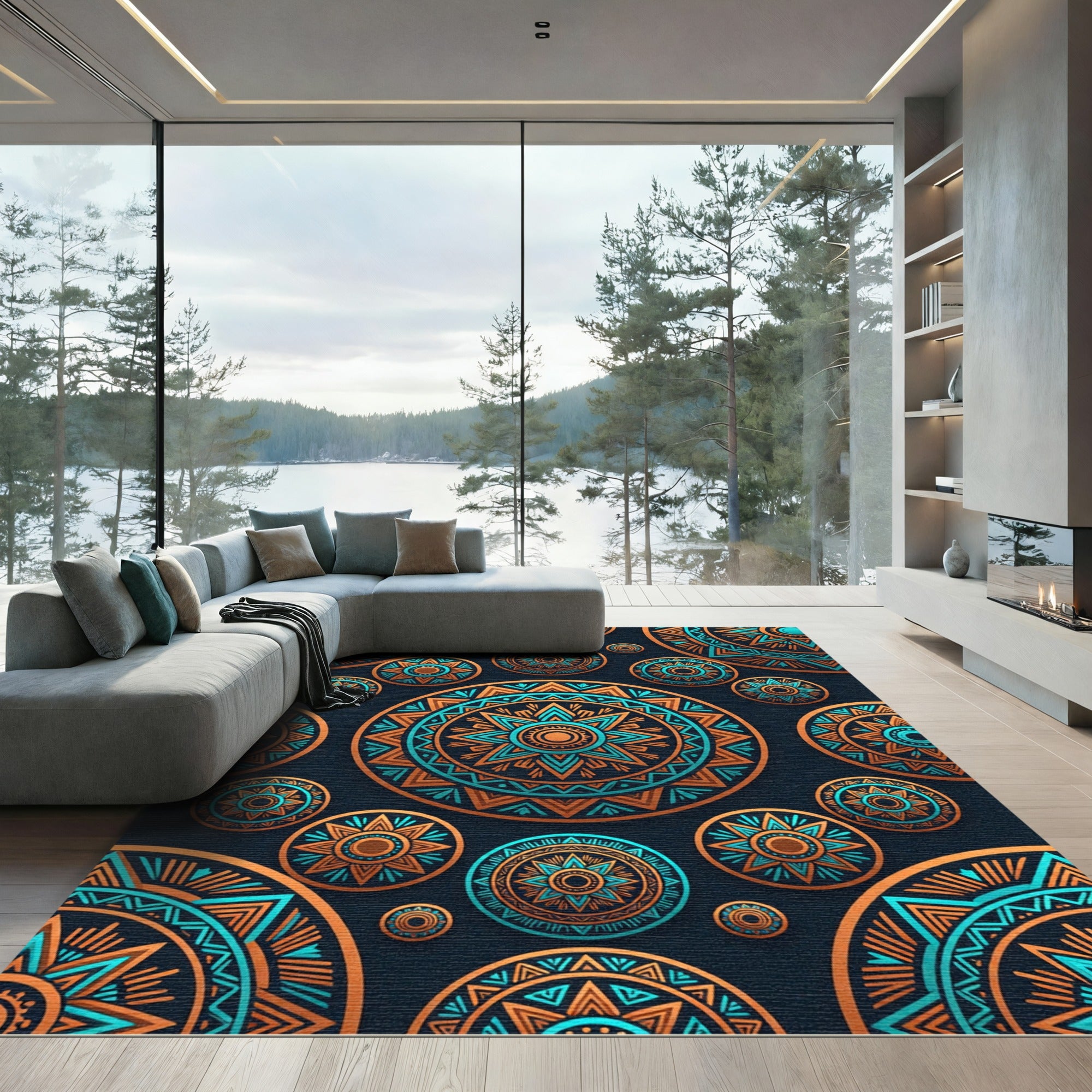 Orange Teal Medallion Mandala Arrangement Rug