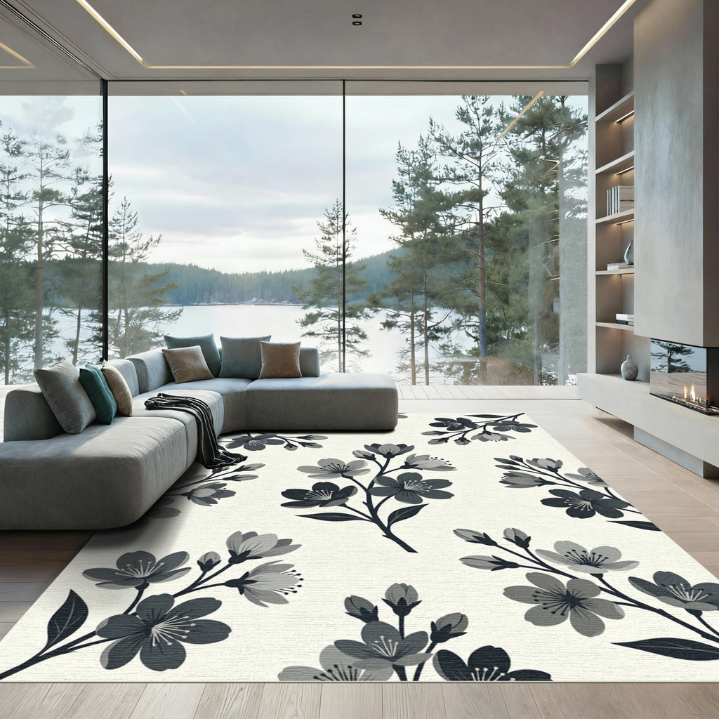 Elegant Monochrome Cherry Blossom Botanical Rug