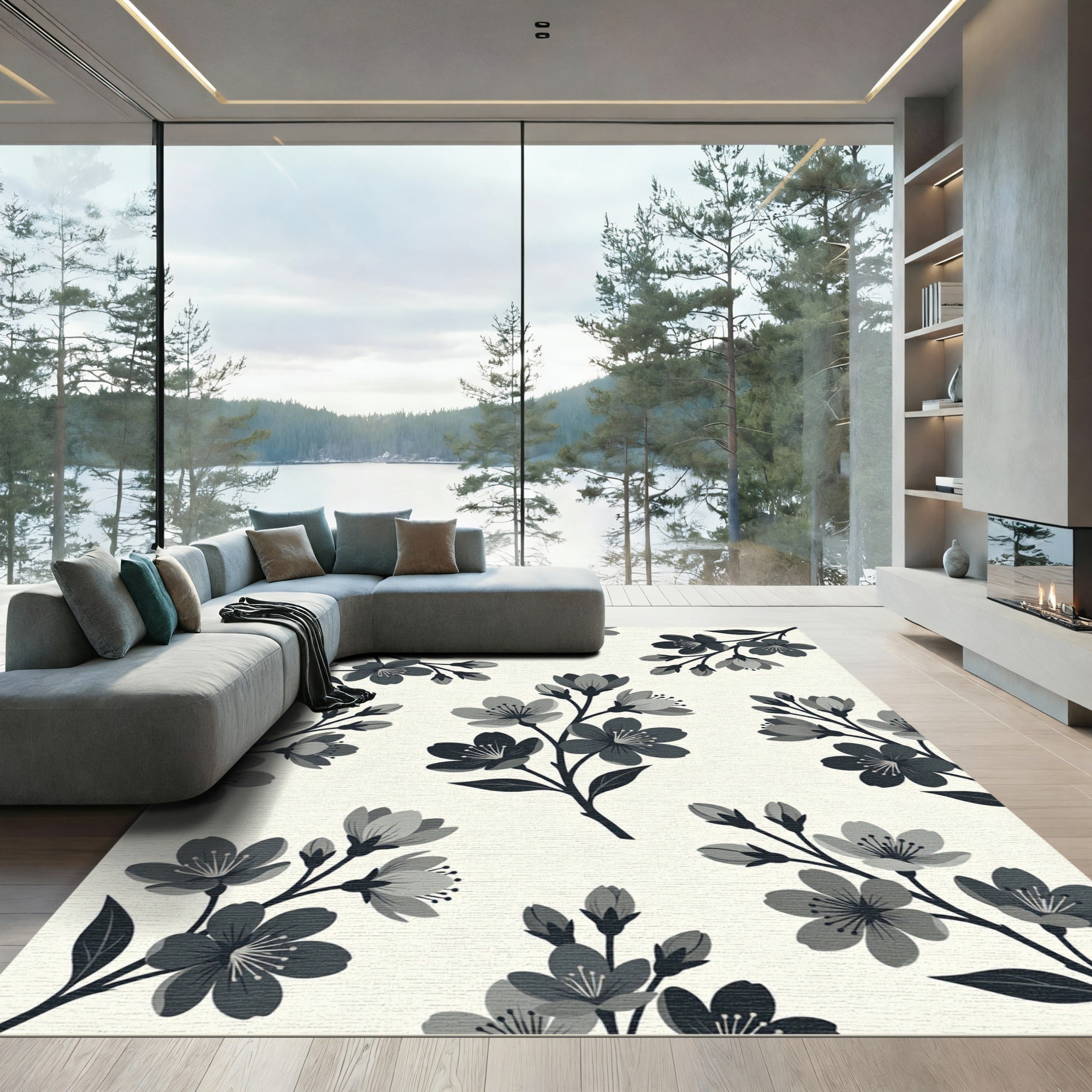 Elegant Monochrome Cherry Blossom Botanical Rug