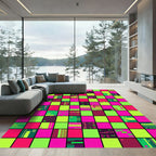 Vibrant Neon Pixel Grid Checkered Abstract Rug