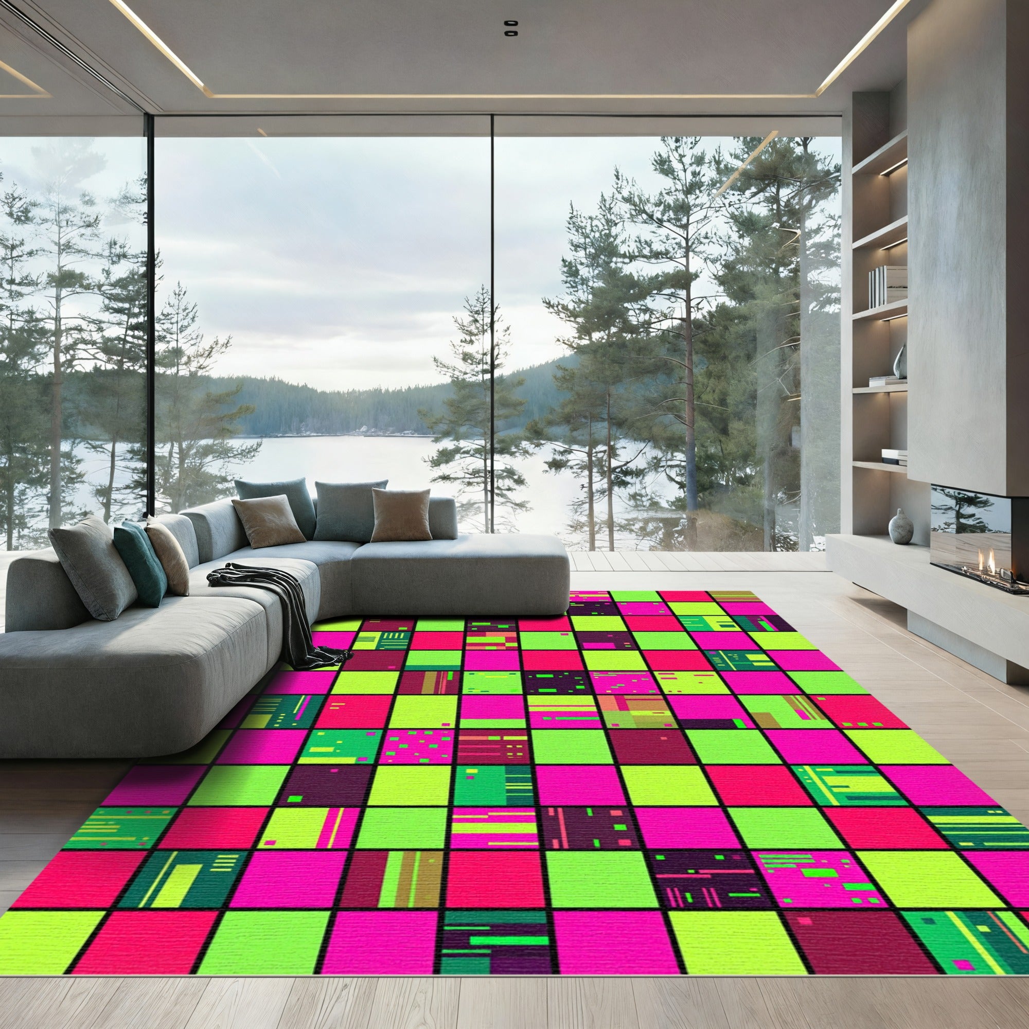 Vibrant Neon Pixel Grid Checkered Abstract Rug
