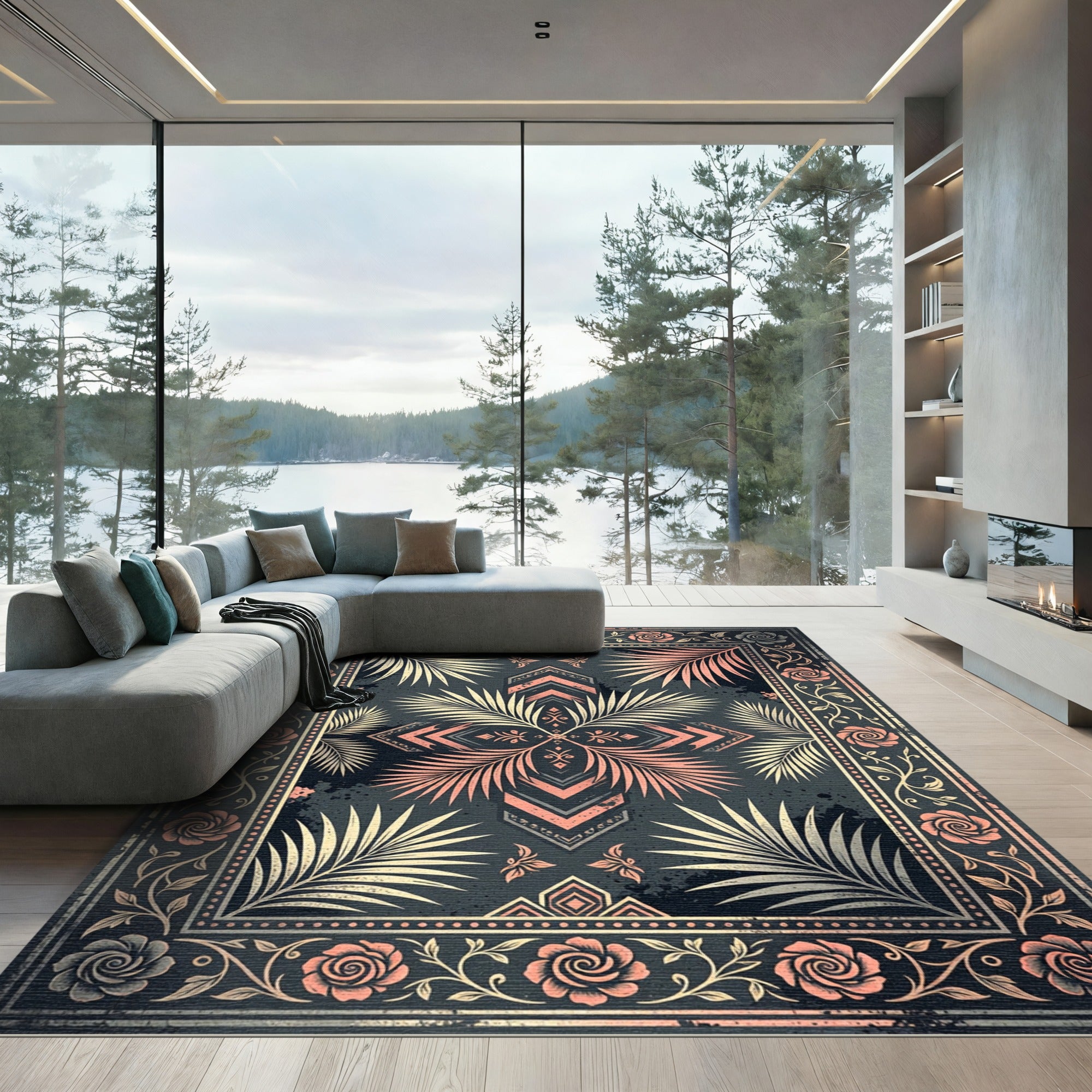 Coral Rose Palm Leaf Damask Square Rug