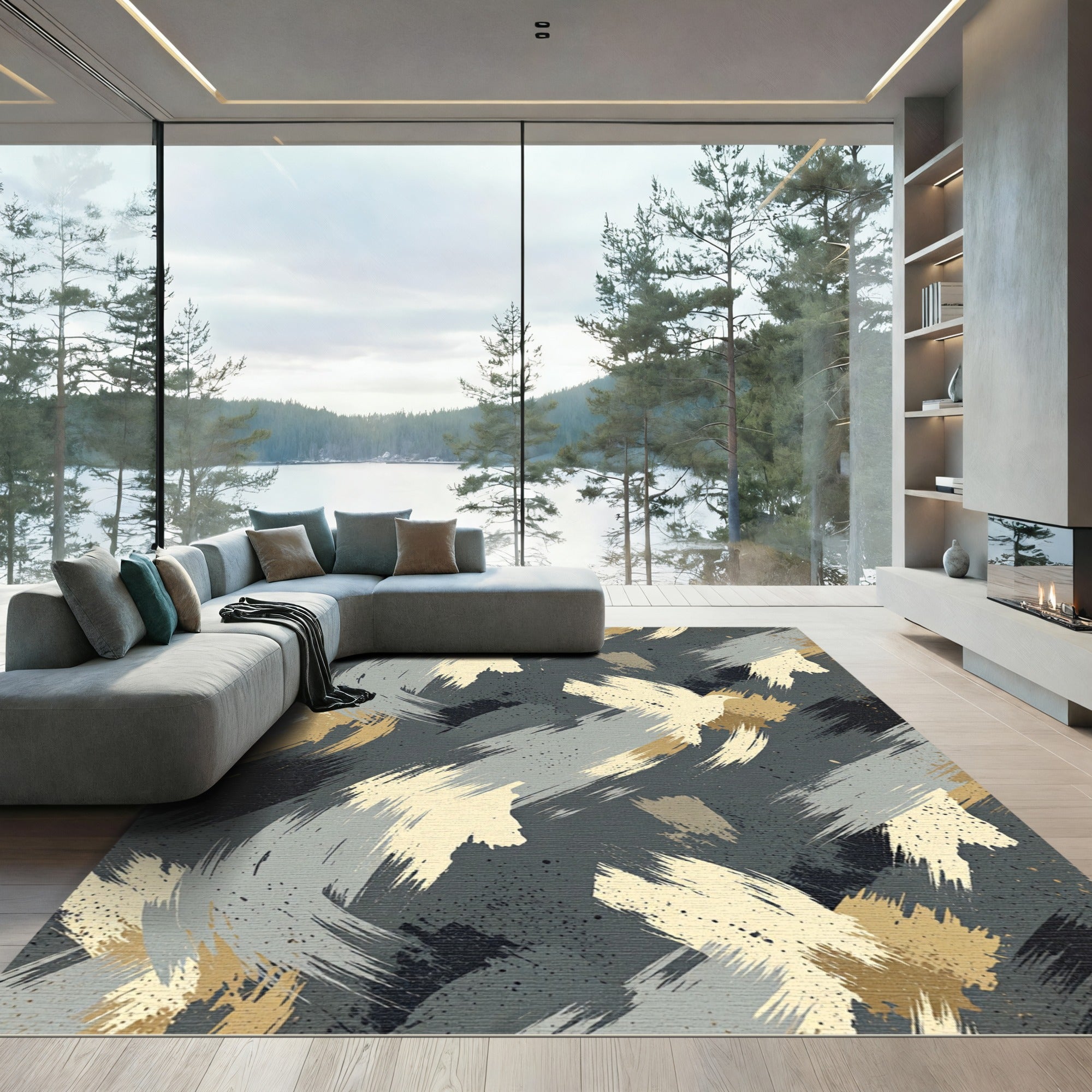 Abstract Beige Gray Brushstroke Splatter Rug