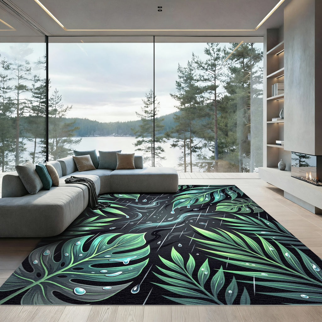Lush Green Tropical Foliage Rain Rug
