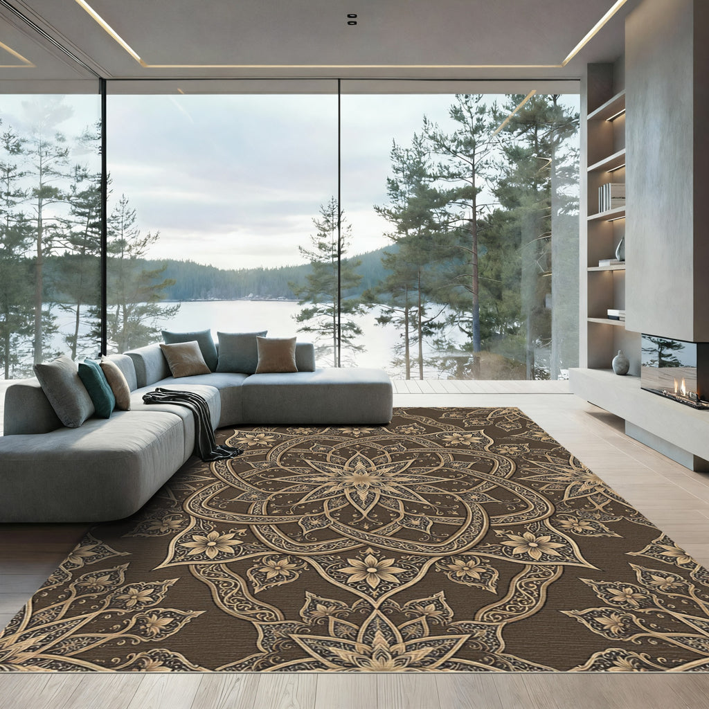 Ornate Gold Floral Mandala Rug