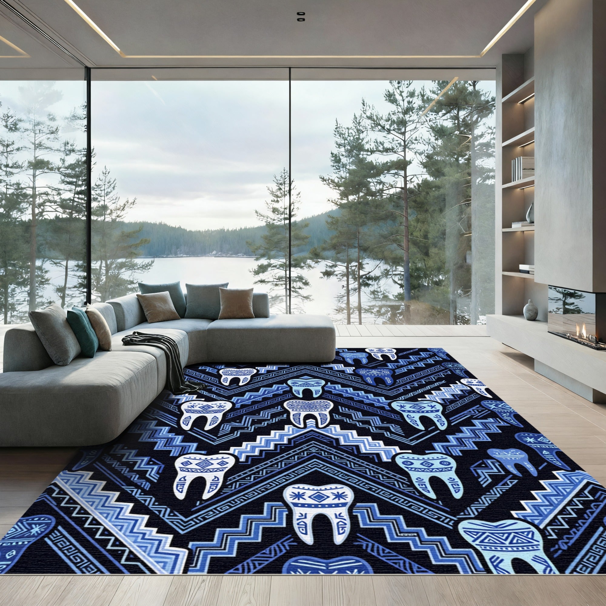 Blue Tooth Tribal Aztec Pattern Rug
