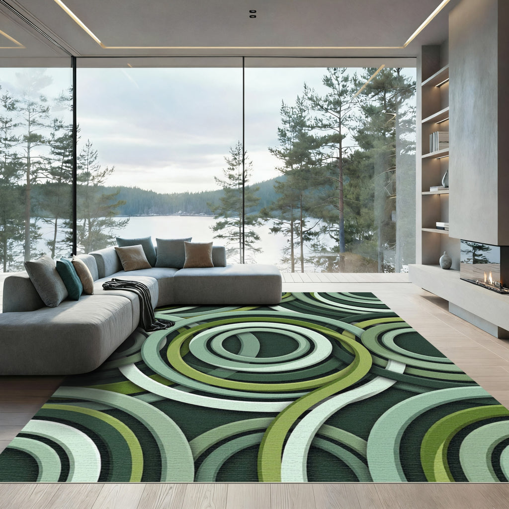 Layered Green Swirl Circular Rug