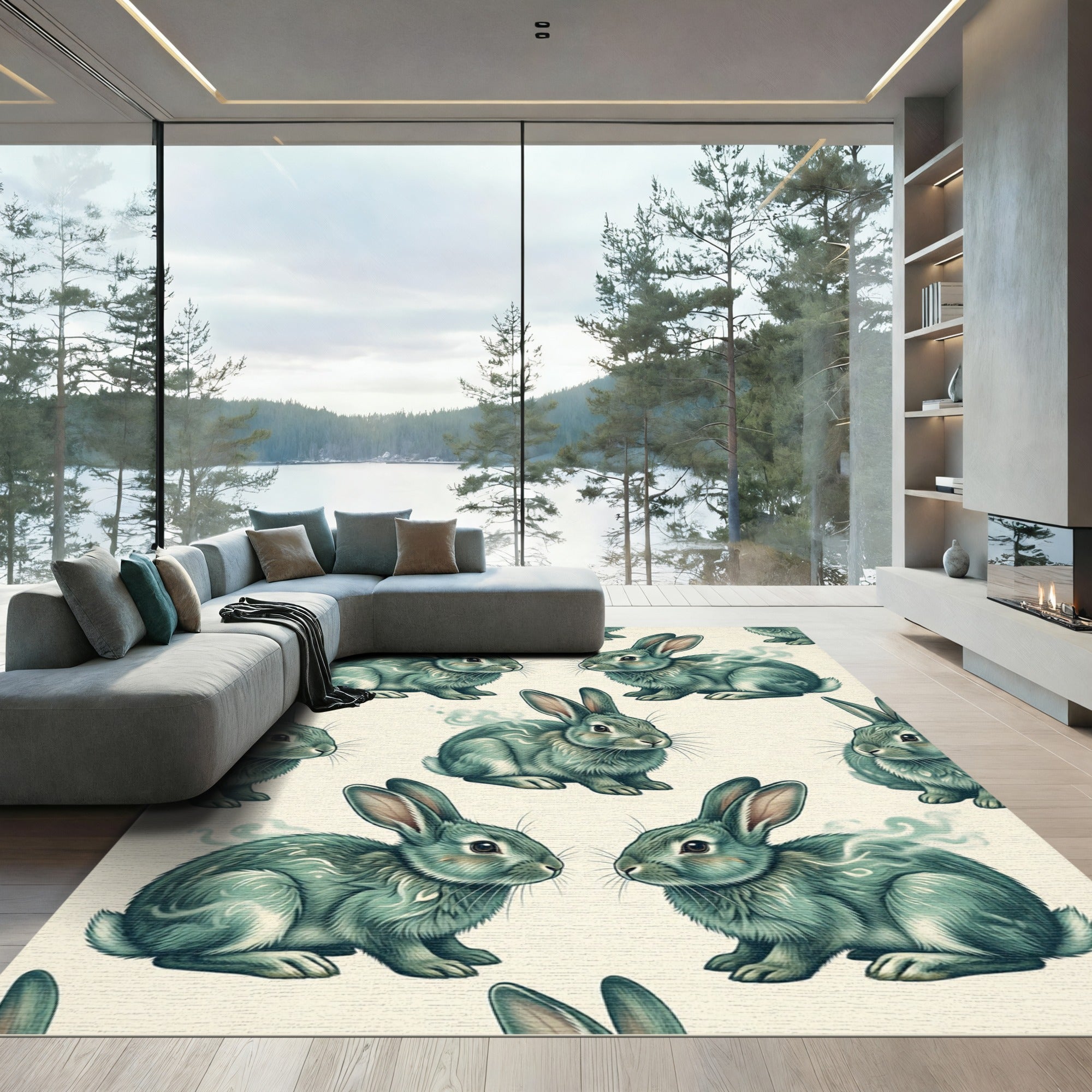 Whimsical Teal Rabbit Spirit Forest Rug