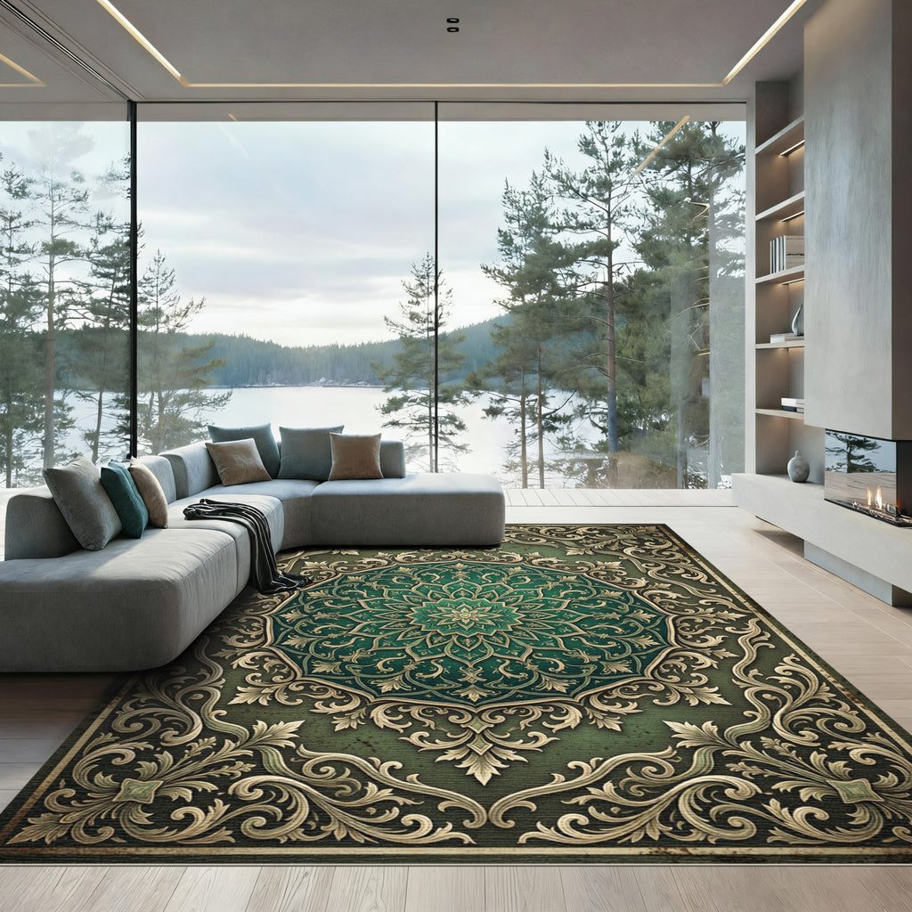 Elegant Emerald Filigree Ornate Medallion Rug