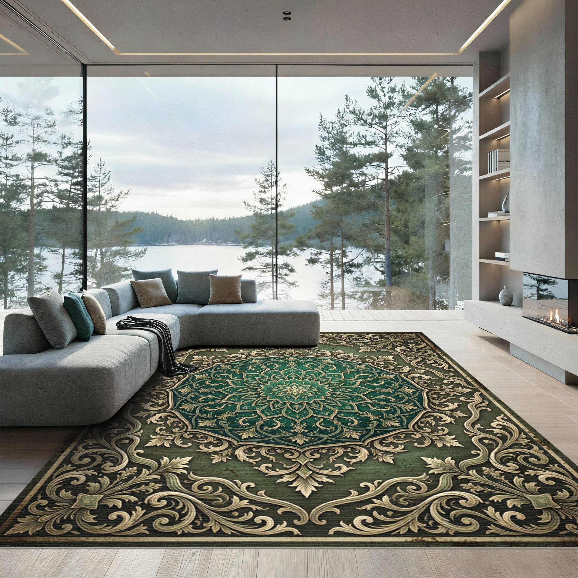 Elegant Emerald Filigree Ornate Medallion Rug